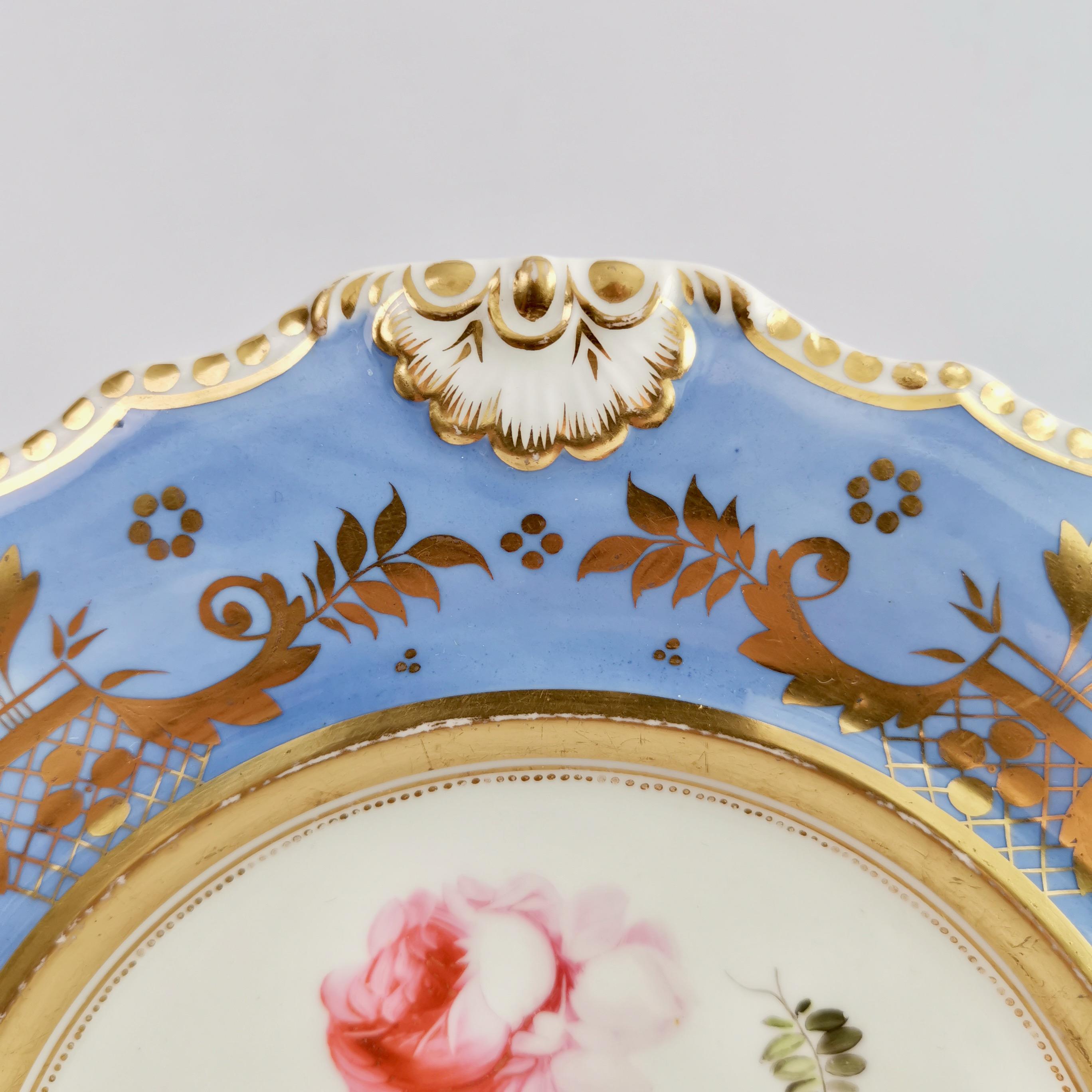 Machin Porcelain Plate, Periwinkle Blue with Flowers, Regency ca 1820 1