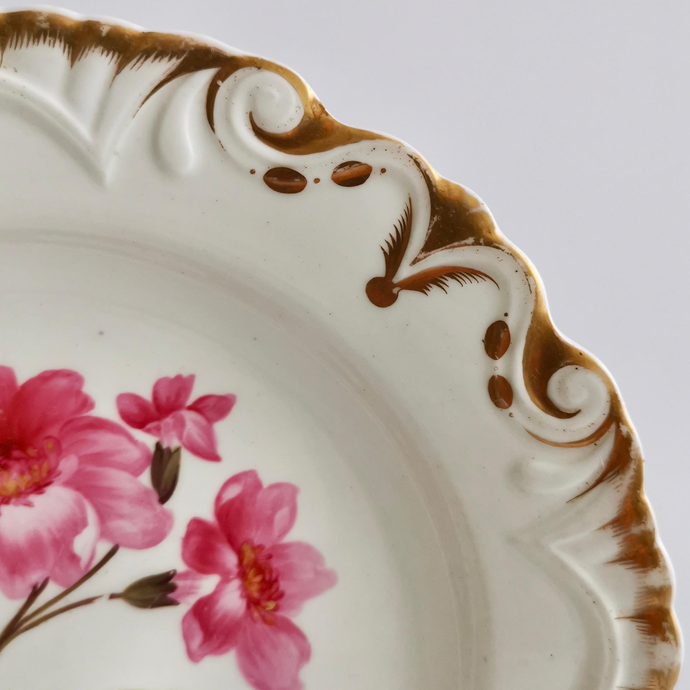 Early 19th Century Machin Porcelain Plate, White, Moustache Shape with Pink Flower, Regency