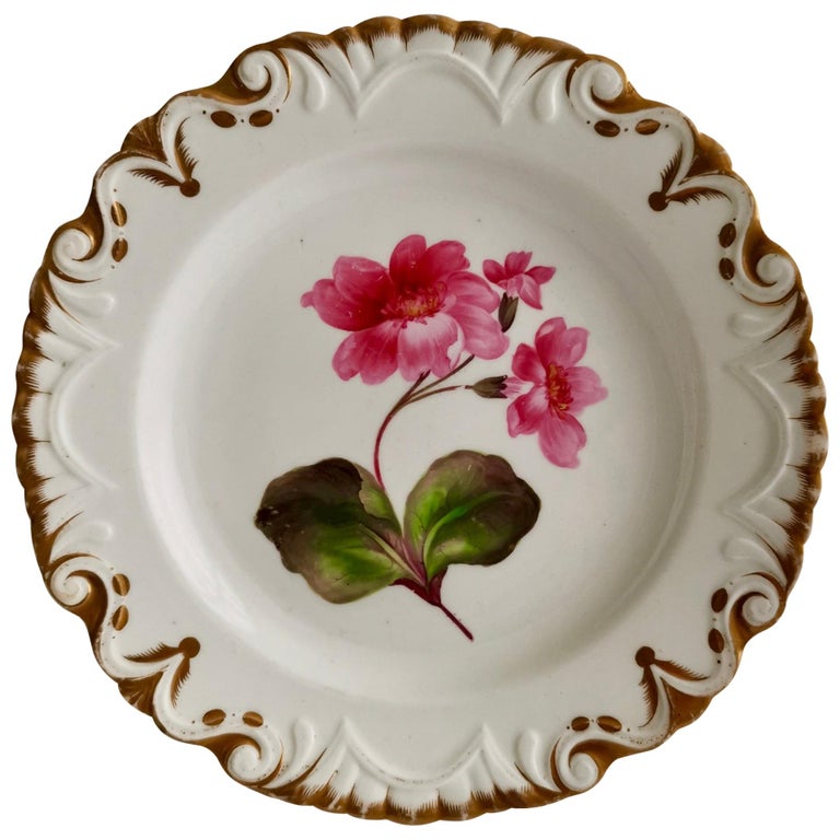 Machin Porcelain Plate, White, Moustache Shape with Pink Flower, Regency For Sale