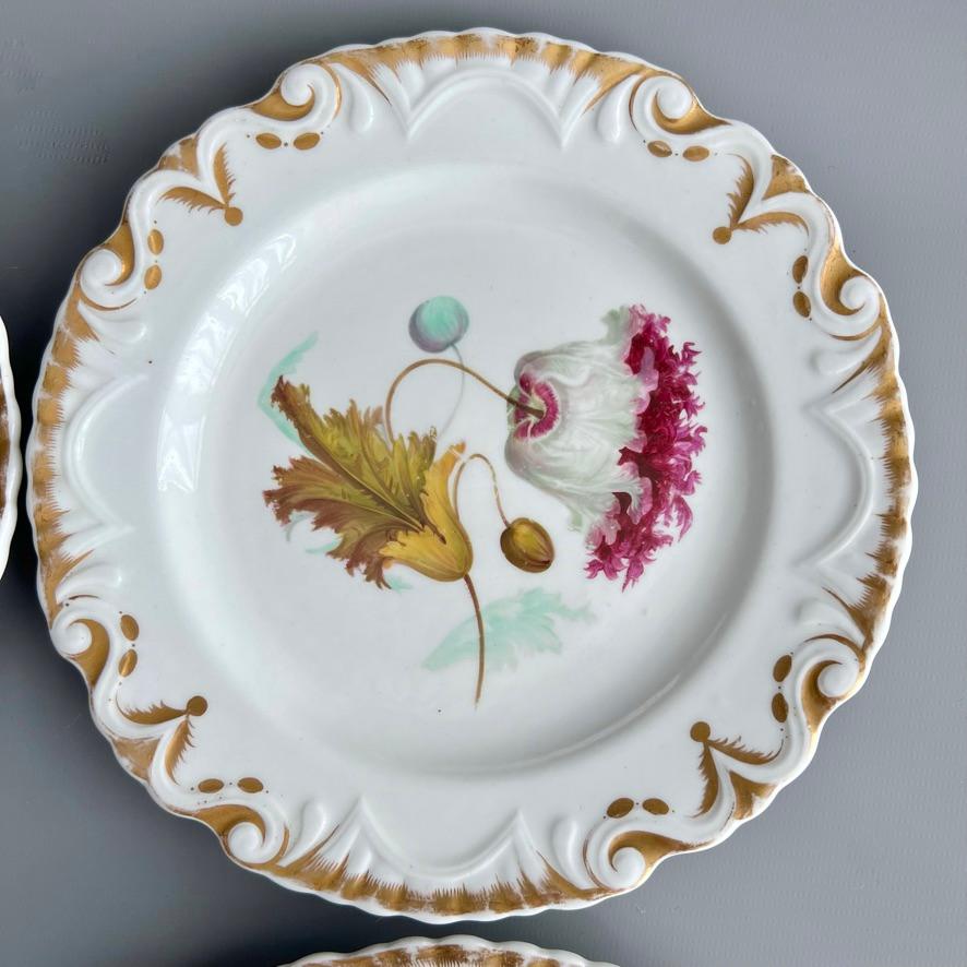 Hand-Painted Machin Set of 6 Plates, Moustache Shape, White with Flowers, ca 1825