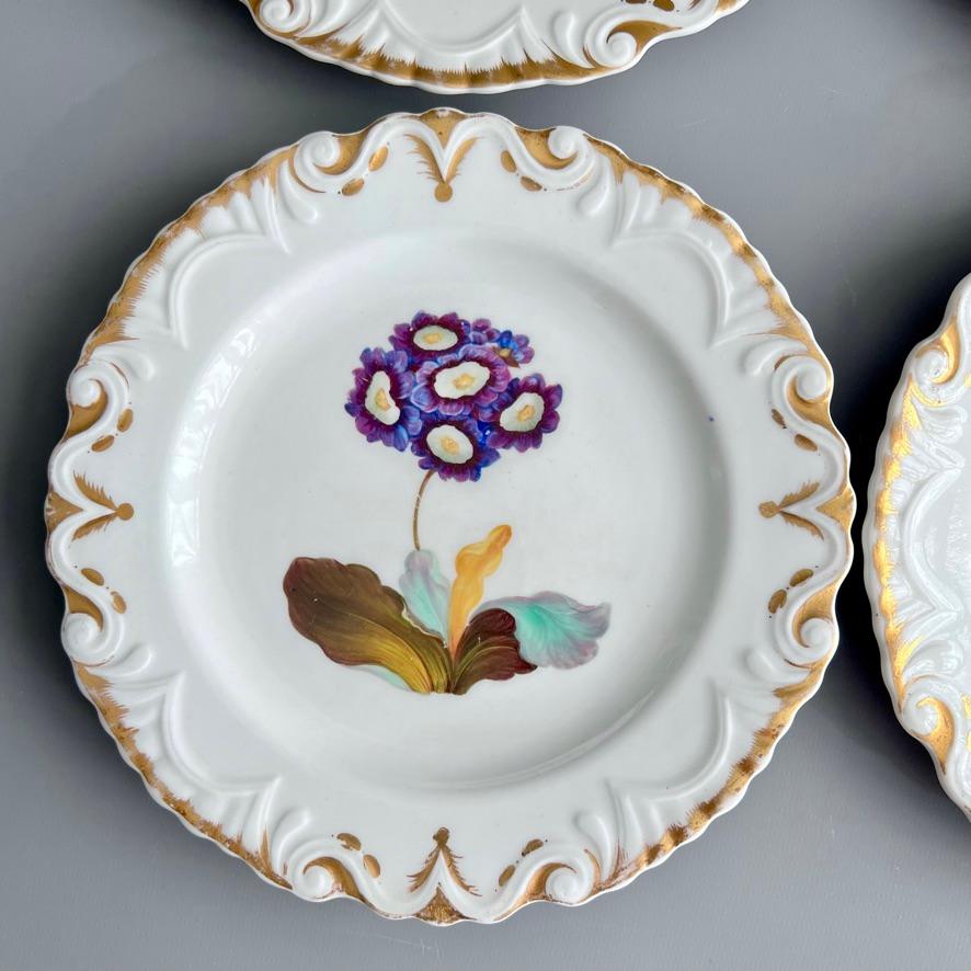 Porcelain Machin Set of 6 Plates, Moustache Shape, White with Flowers, ca 1825
