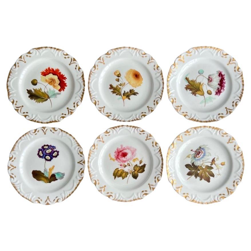 Ensemble Machin de 6 assiettes en forme de moustache, blanche avec fleurs, vers 1825 en vente