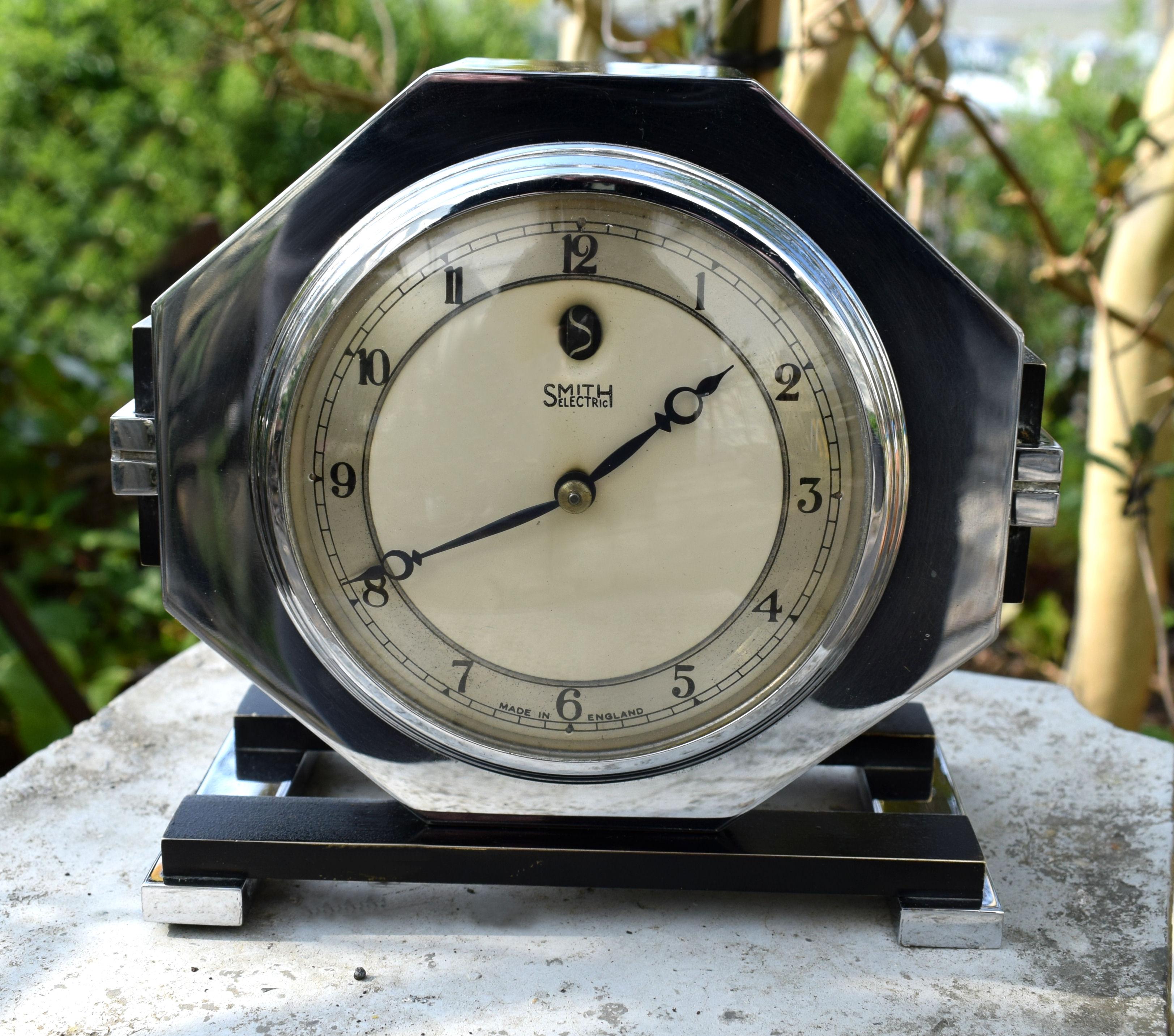 20th Century Machine Age 1930s Art Deco Chrome Clock by Smiths, England For Sale
