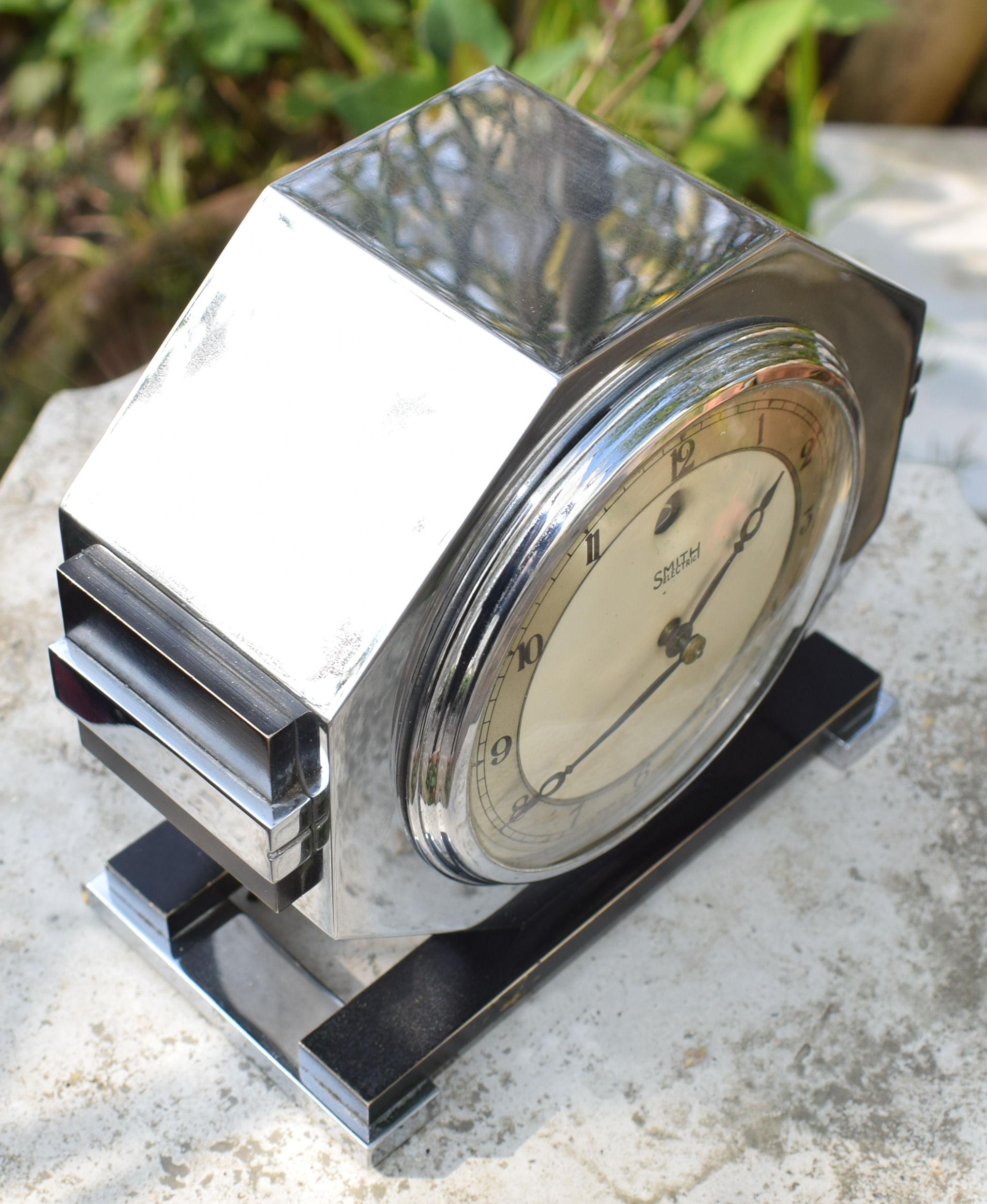 Brass Machine Age 1930s Art Deco Chrome Clock by Smiths, England For Sale