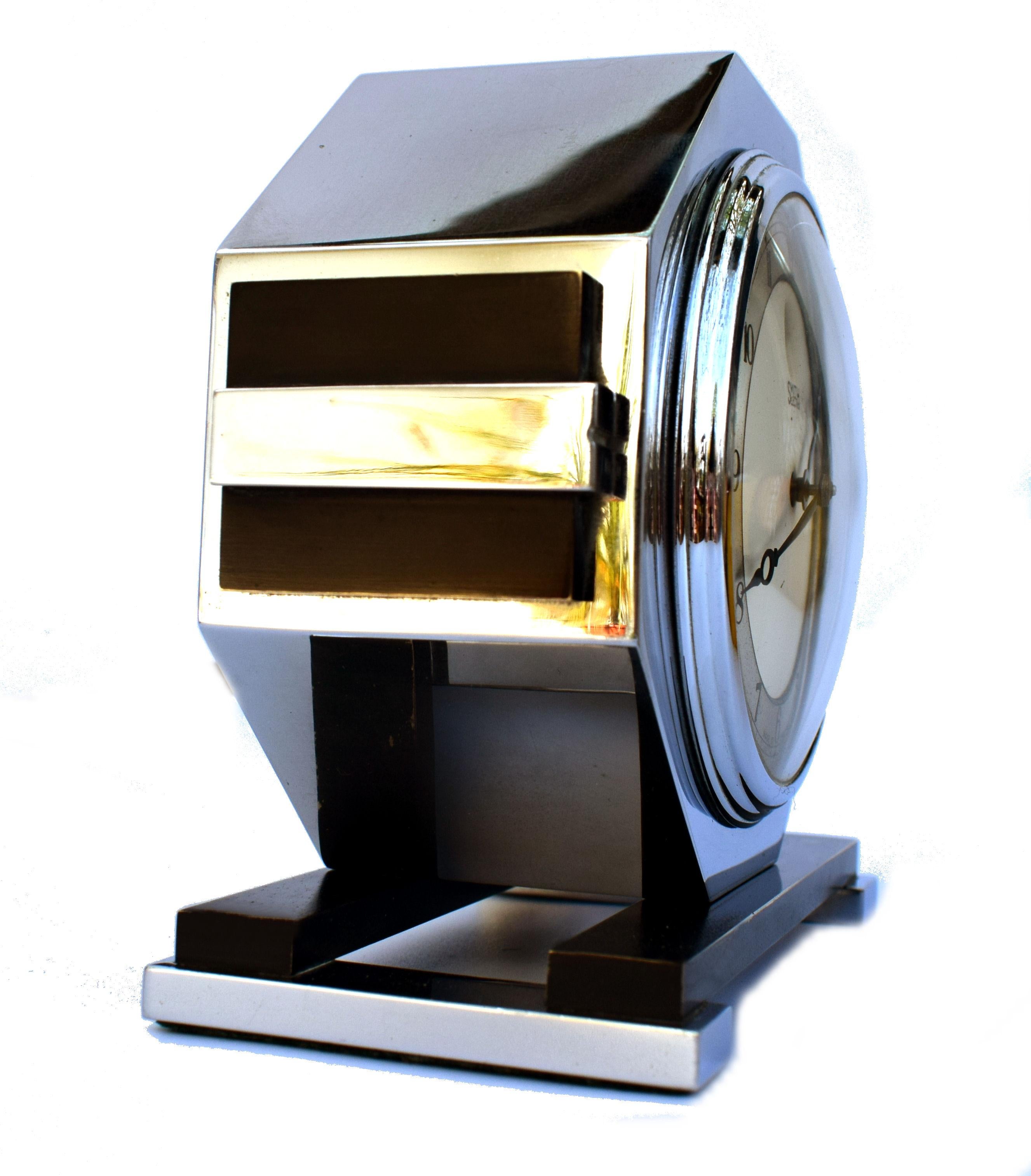 Machine Age 1930s Art Deco Chrome Clock by Smiths, England For Sale 1
