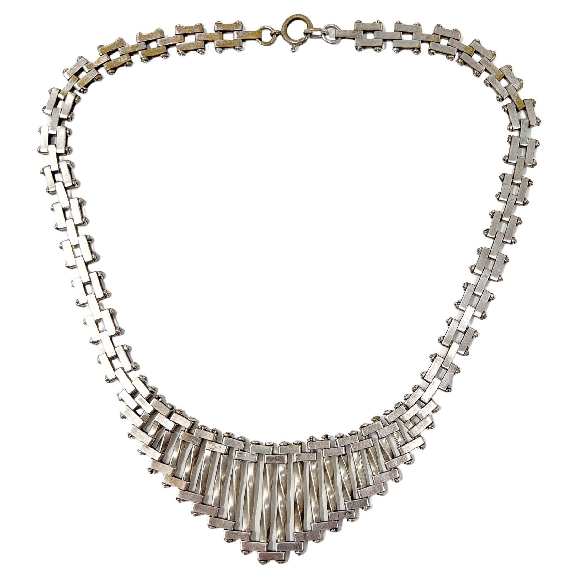 Machine Age 1930s Chrome Brickwork Design Vintage German Necklace For Sale