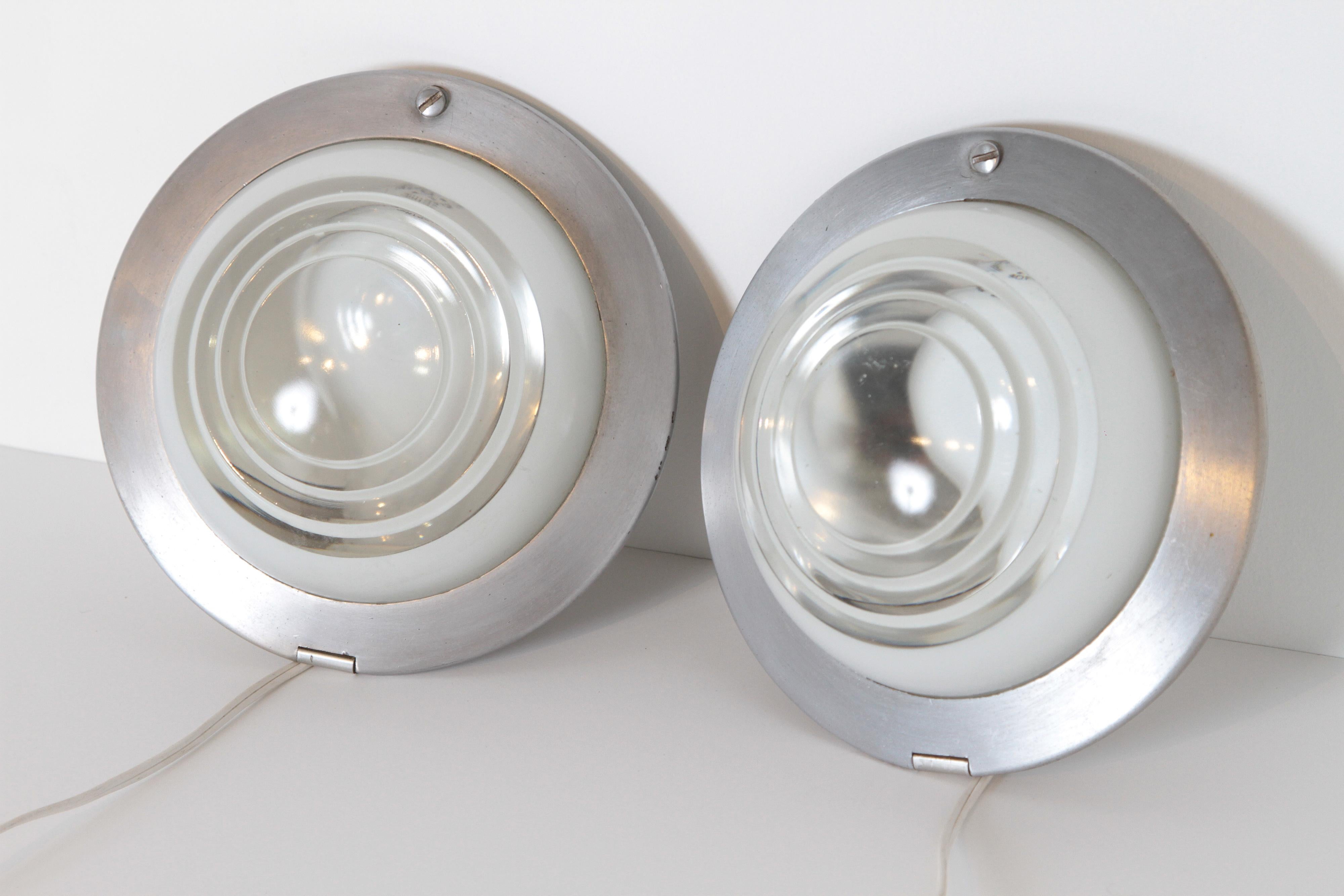 Brushed Machine Age Art Deco 20th Century Limited Henry Dreyfuss Fixtures Pair Recessed For Sale