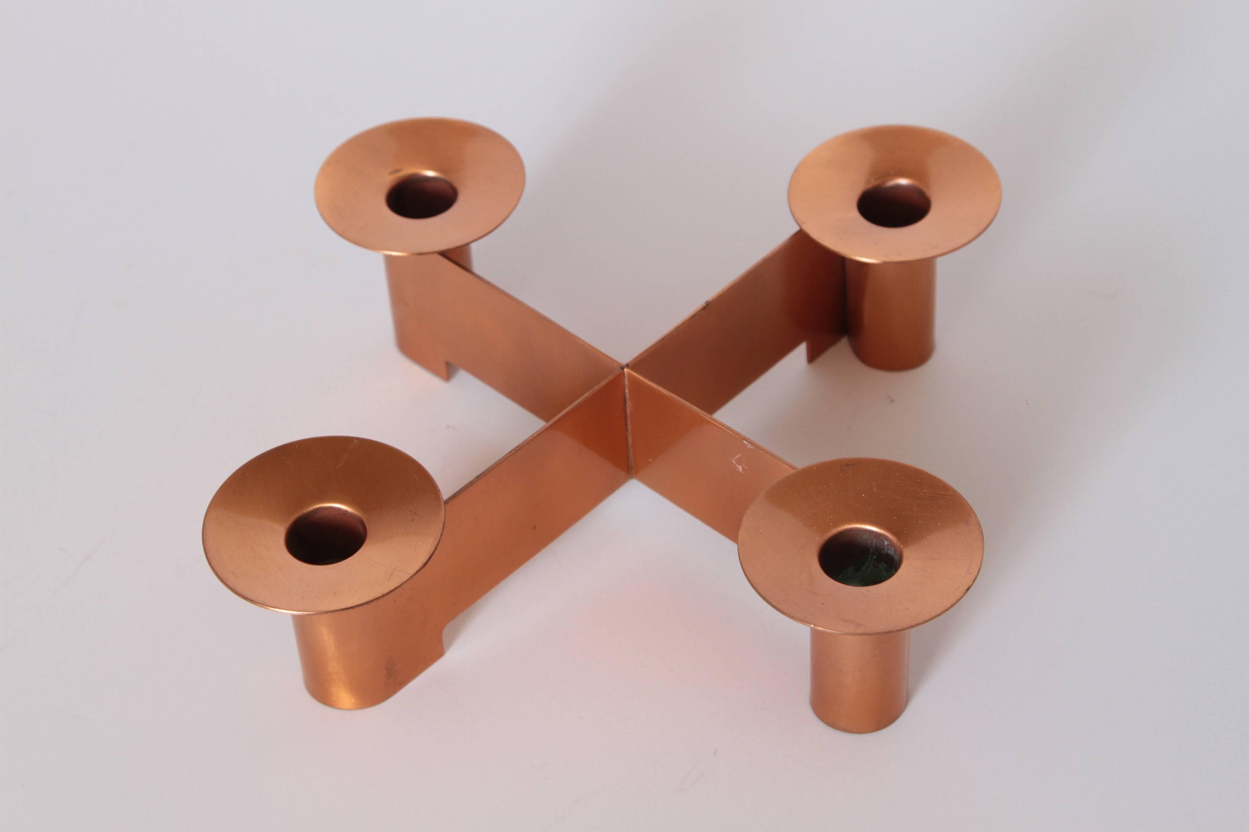 American Machine Age Art Deco Albert Reimann Candlepiece for Chase in Satin Copper, 1933