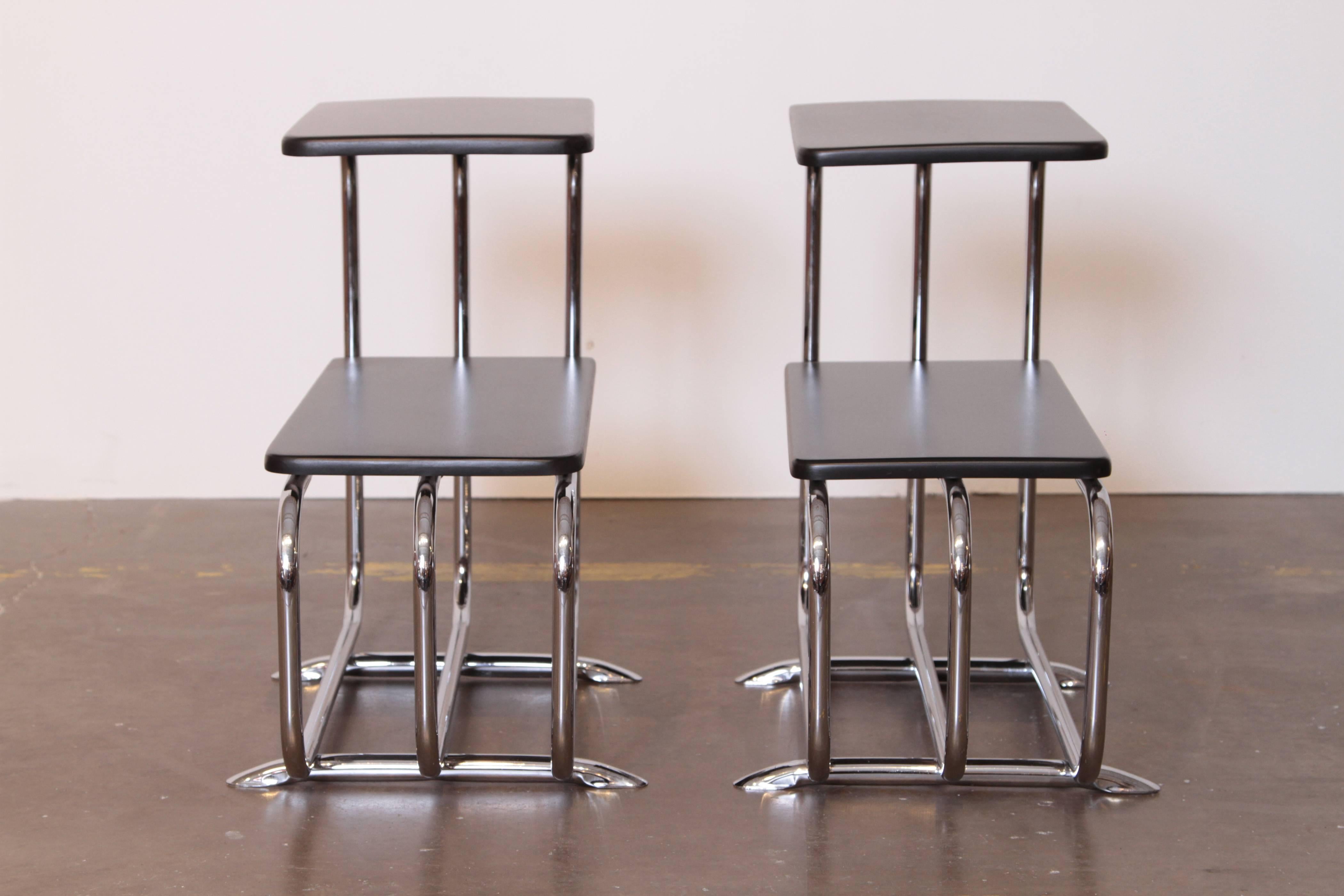 Machine Age Art Deco Alfons Bach Lloyd chromium furniture end tables, Lloyd's.  PRICE REDUCED

Featured profusely throughout many early Lloyd chromium furniture catalogs, along with several identified KEM Weber group designs and additional Bach