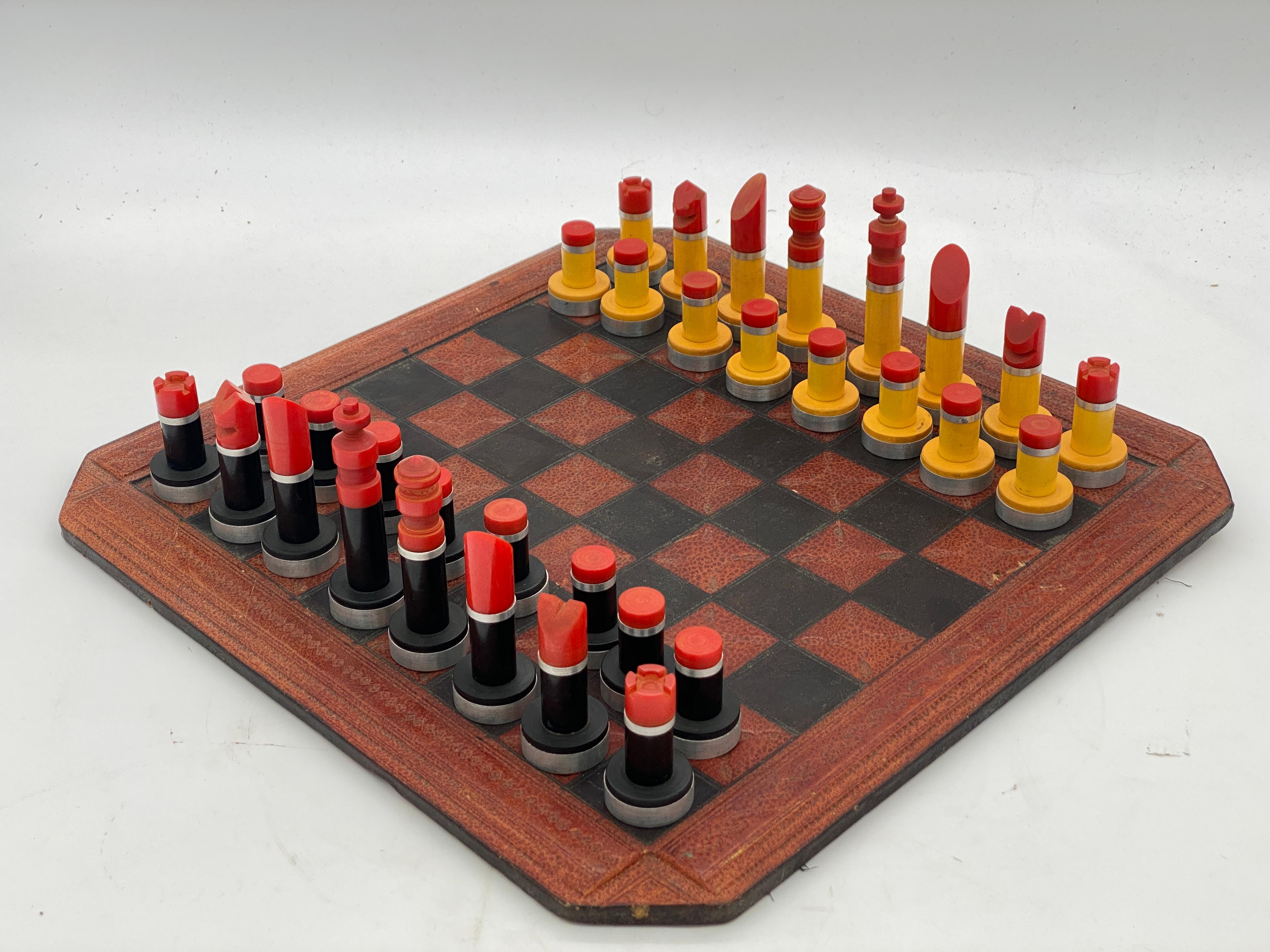 Machine Age Art Deco bakelite chess set w/ machined alumminum bases.