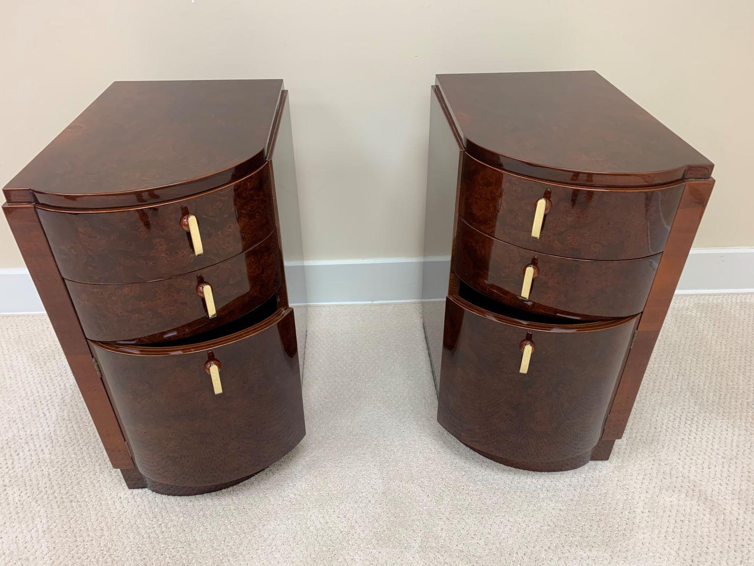 American Machine Age Art Deco Burl and Brass Night Tables, circa 1930s