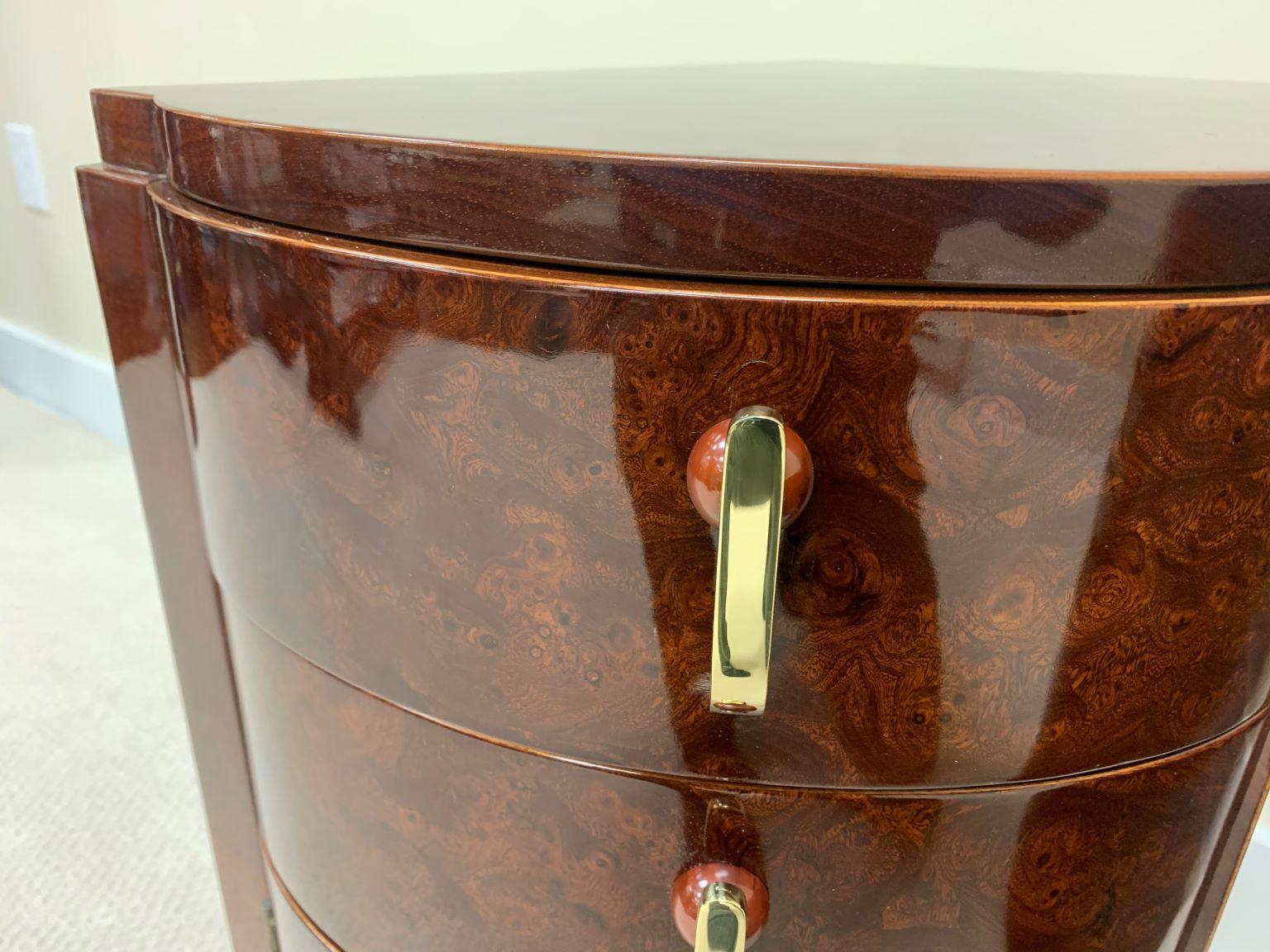 20th Century Machine Age Art Deco Burl and Brass Night Tables, circa 1930s