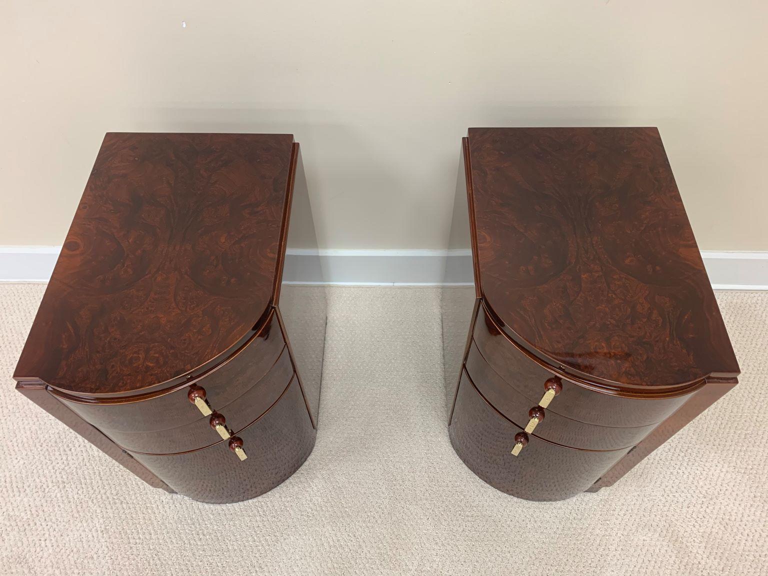 Machine Age Art Deco Burl and Brass Night Tables, circa 1930s 2