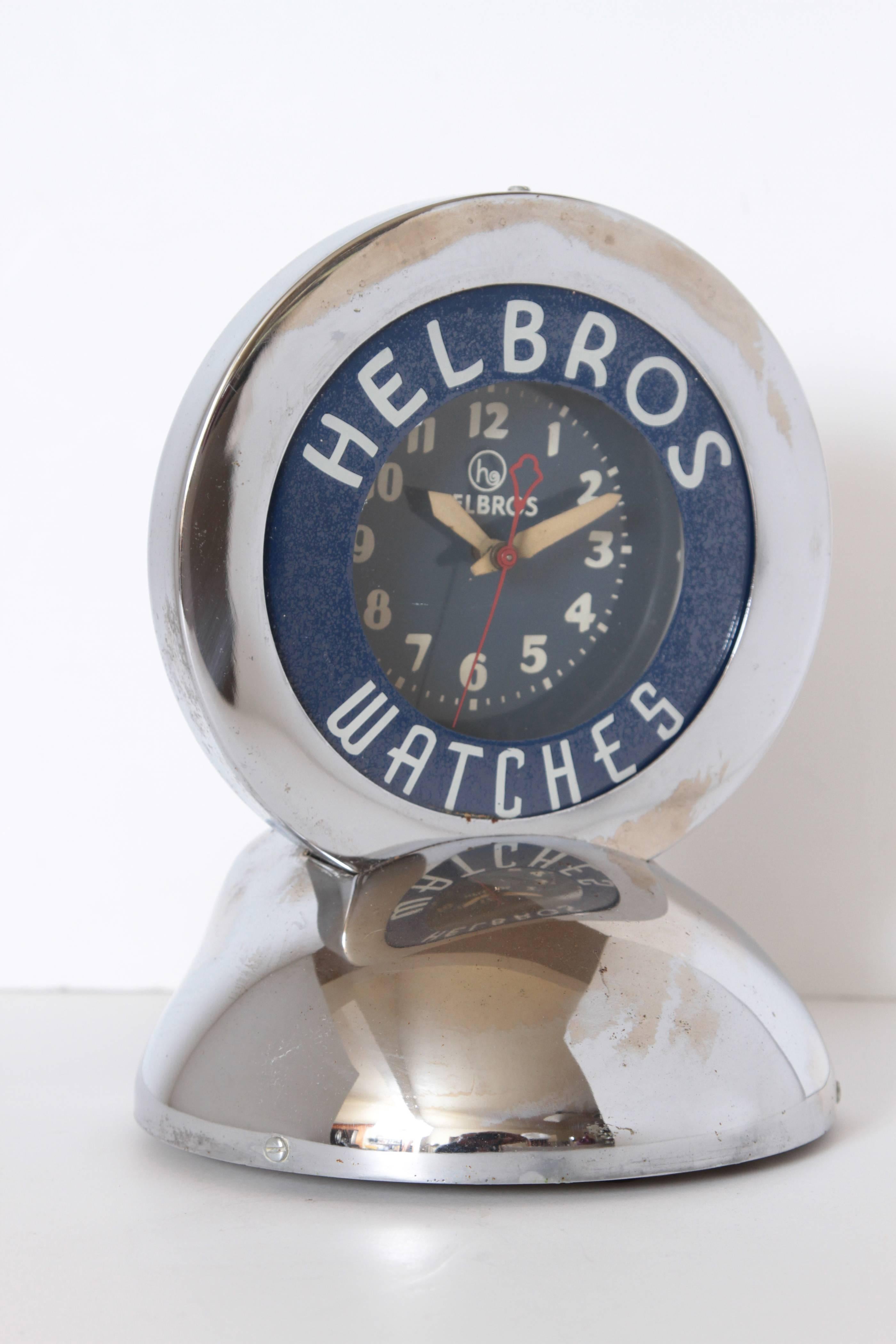 Glass Machine Age Art Deco Chrome and Neon Helbros Advertising Clock by Glo Dial For Sale