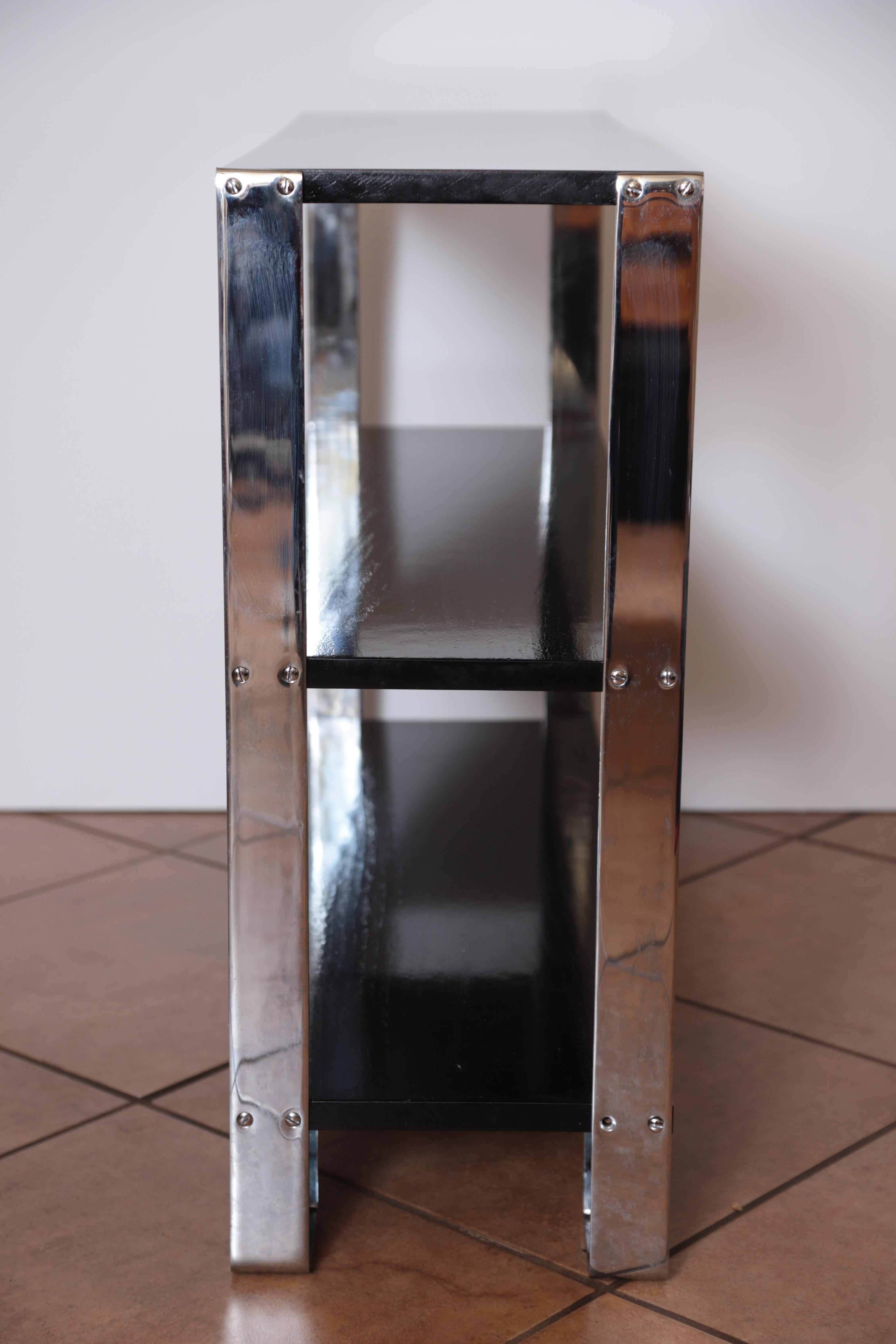 Lacquered Machine Age Art Deco Flat, Band Chrome Shelf, in the Manner of Donald Deskey For Sale