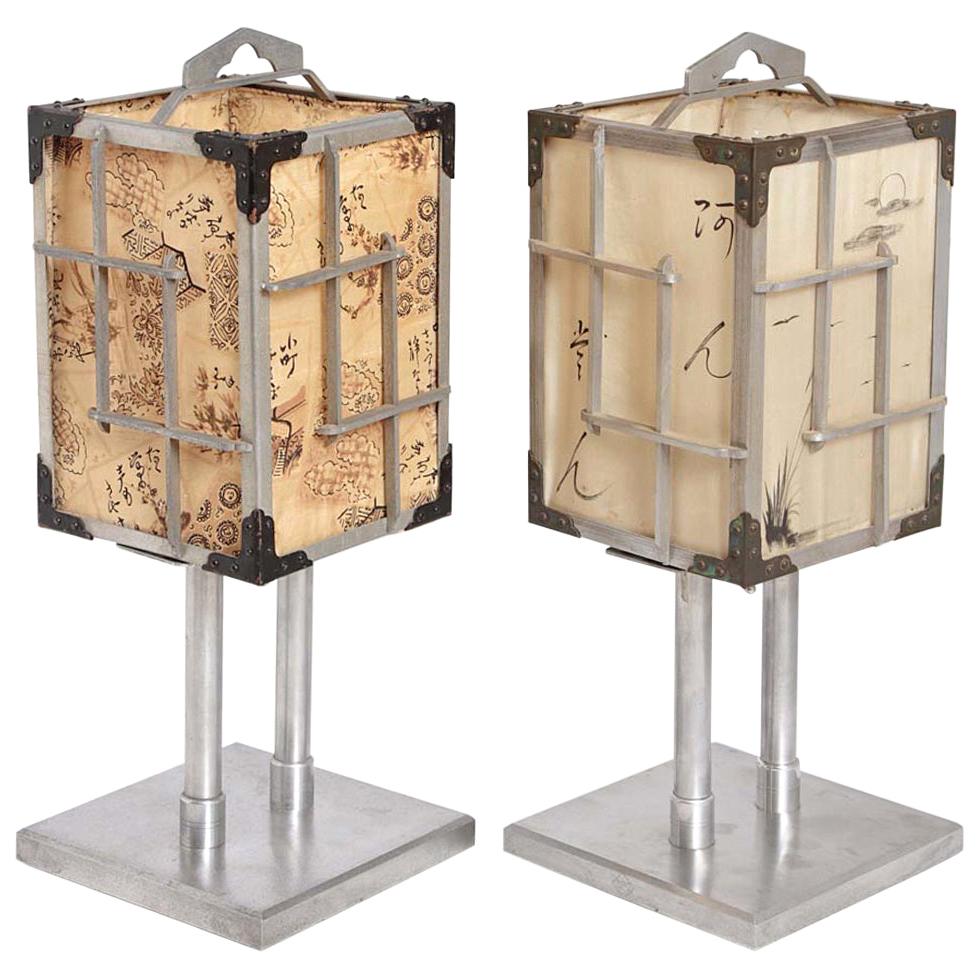 Machine Age Art Deco Japanese CPO Lamps by K.K. Yoshida Seisakusho, Silk Shades For Sale