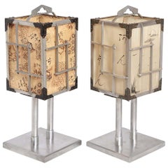 Machine Age Art Deco Japanese CPO Lamps by K.K. Yoshida Seisakusho, Silk Shades