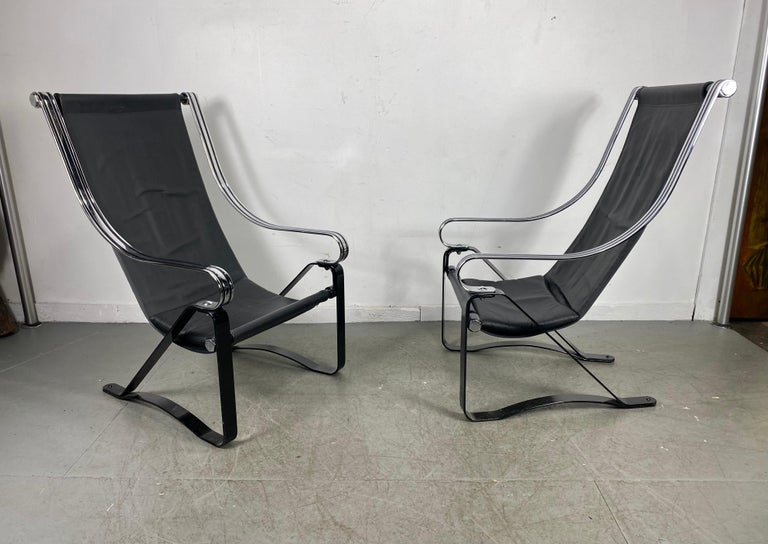 Machine Age, Art Deco McKay Craft Cantilevered Sling Lounge Chairs For Sale 4