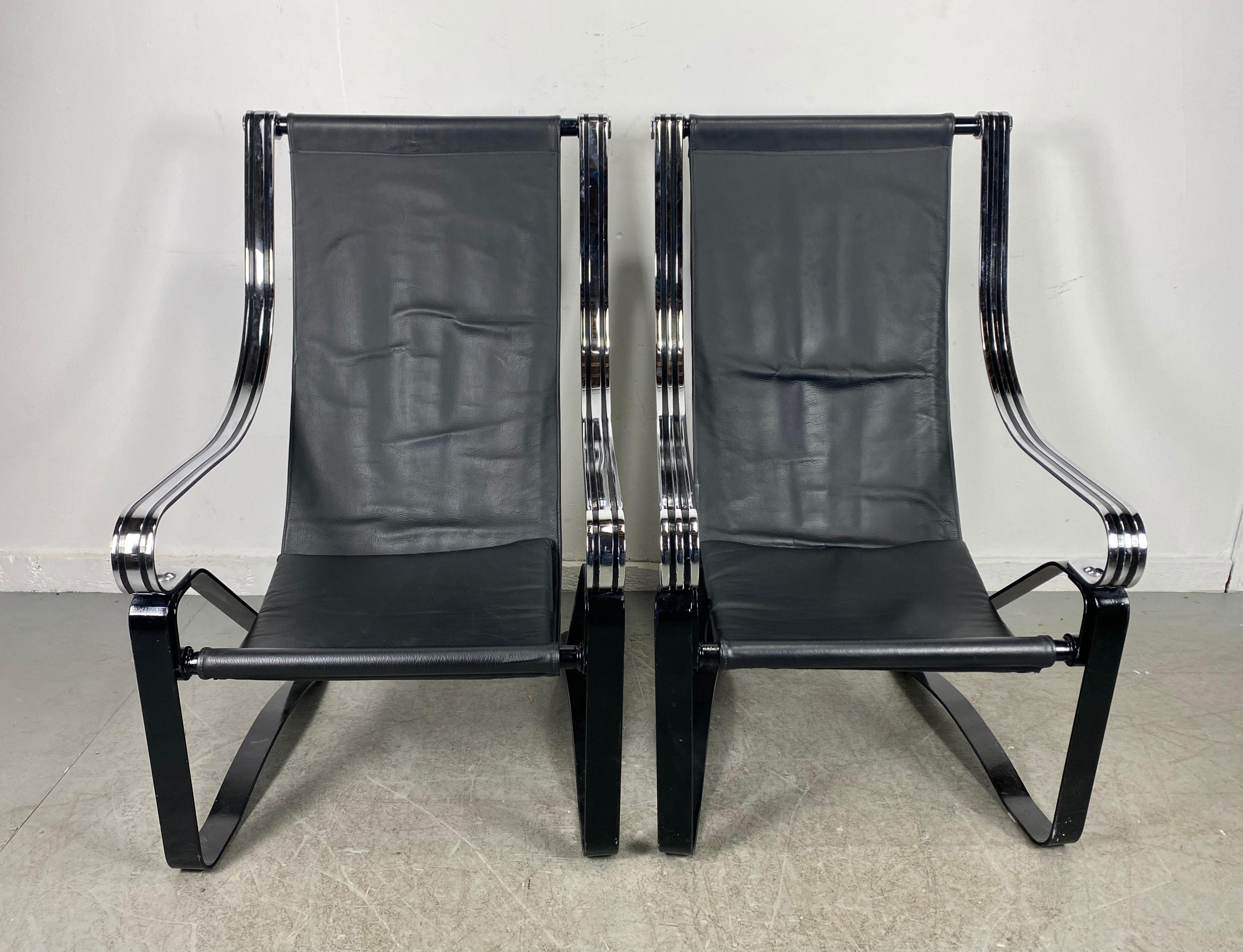 Enamel Machine Age, Art Deco McKay Craft Cantilevered Sling Lounge Chairs