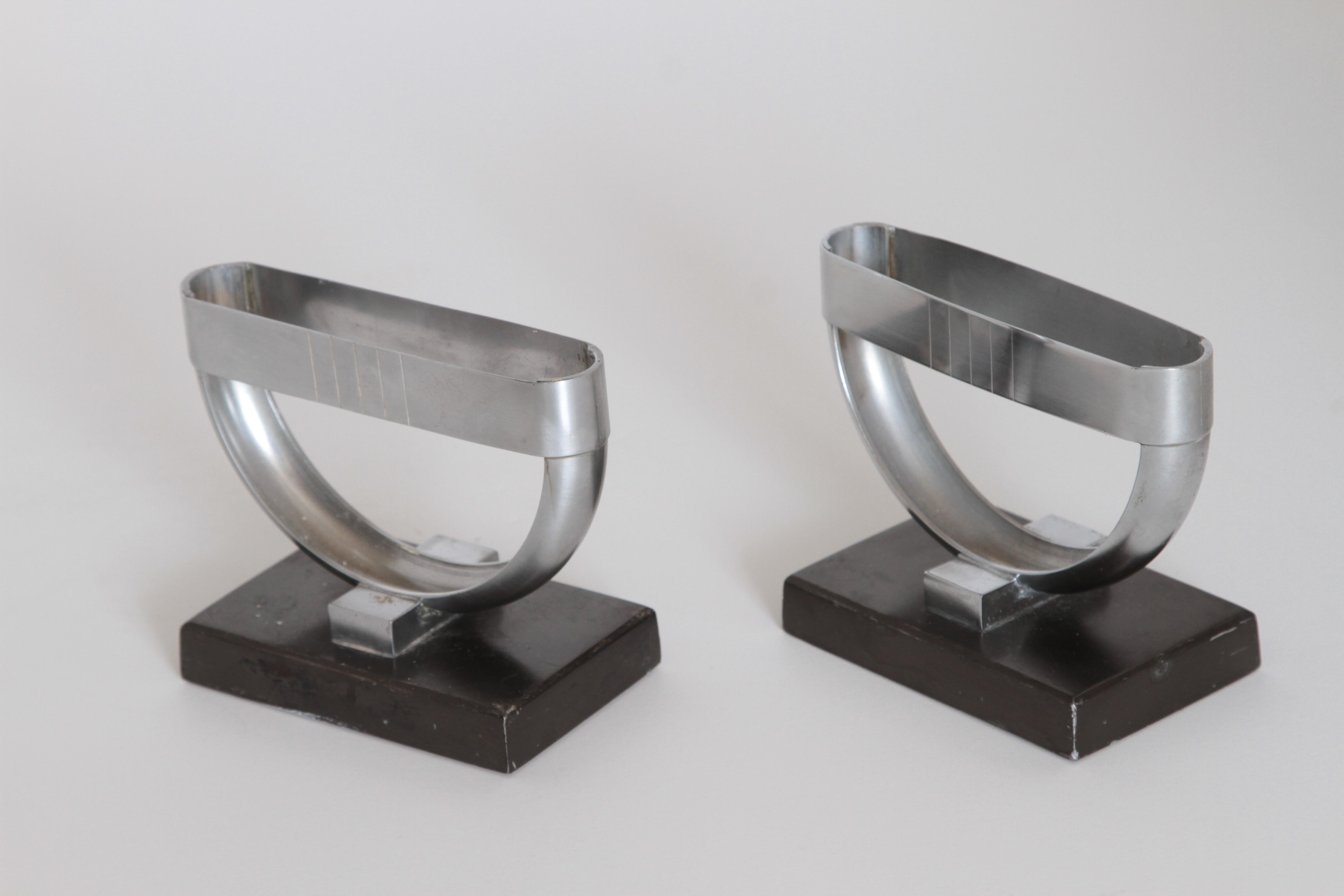 American Machine Age Art Deco  Norman Bel Geddes Pair Revere Crescent Candlestick Holders For Sale