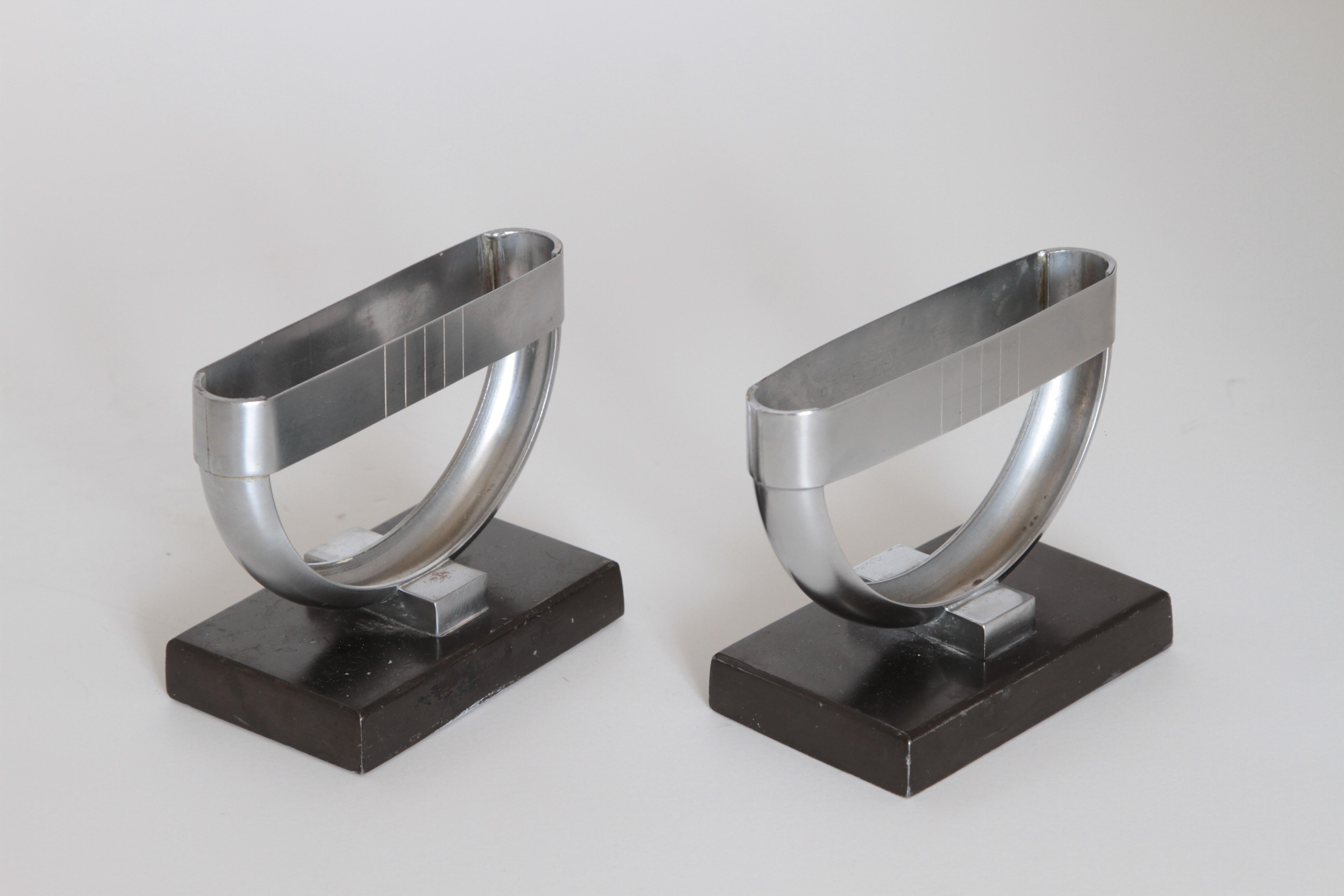 Machine Age Art Deco  Norman Bel Geddes Pair Revere Crescent Candlestick Holders In Good Condition For Sale In Dallas, TX