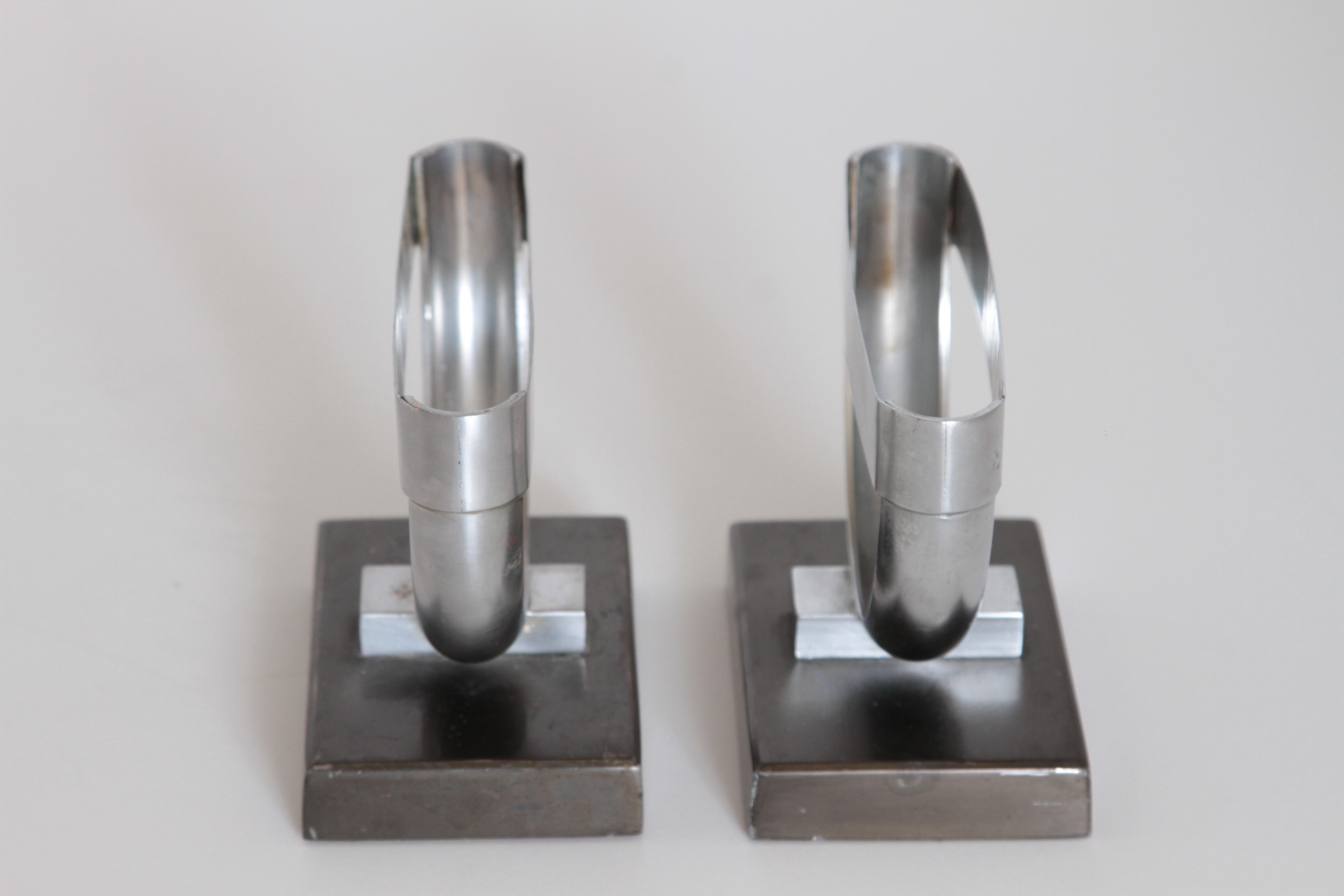 Mid-20th Century Machine Age Art Deco  Norman Bel Geddes Pair Revere Crescent Candlestick Holders For Sale