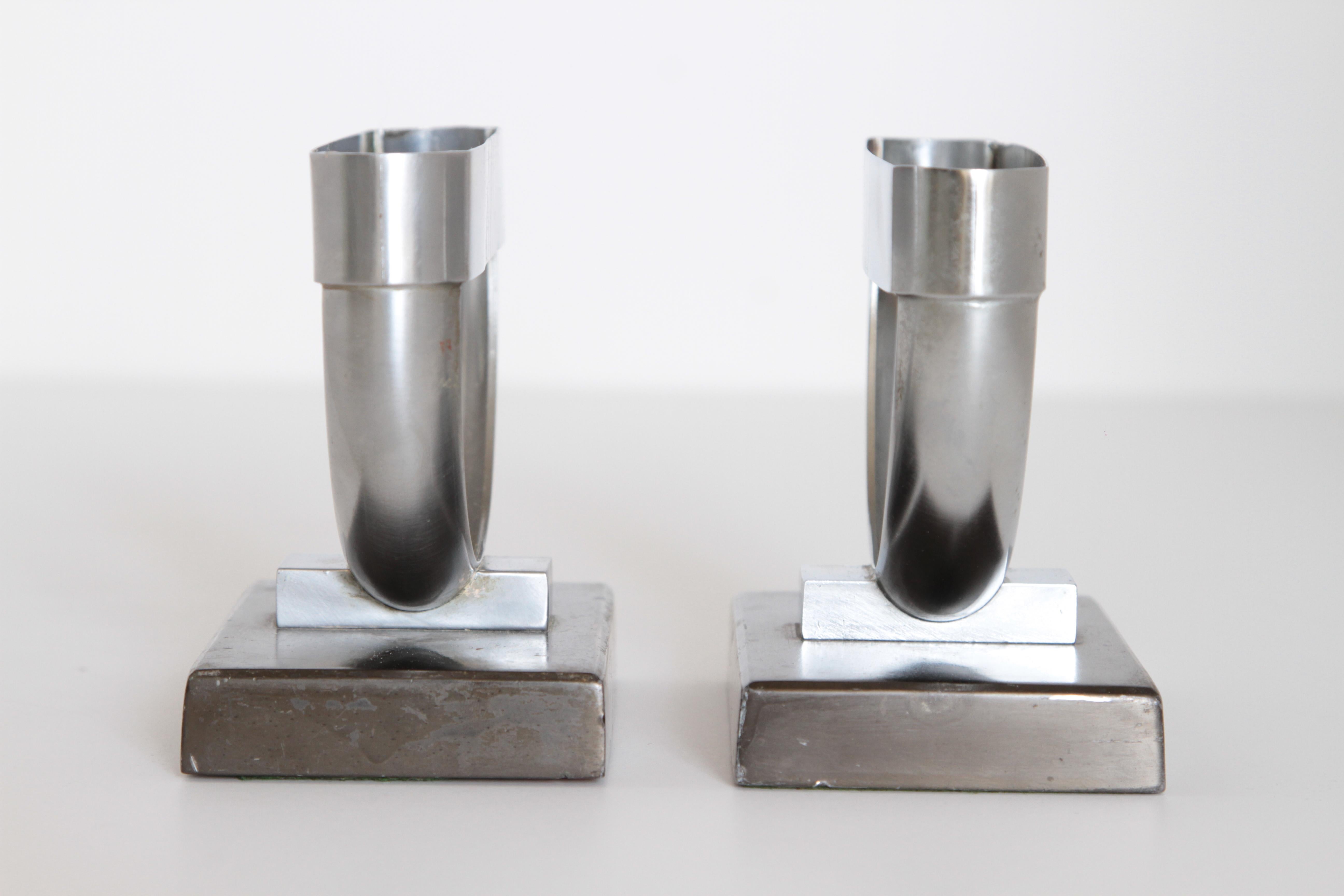 Chrome Machine Age Art Deco  Norman Bel Geddes Pair Revere Crescent Candlestick Holders For Sale