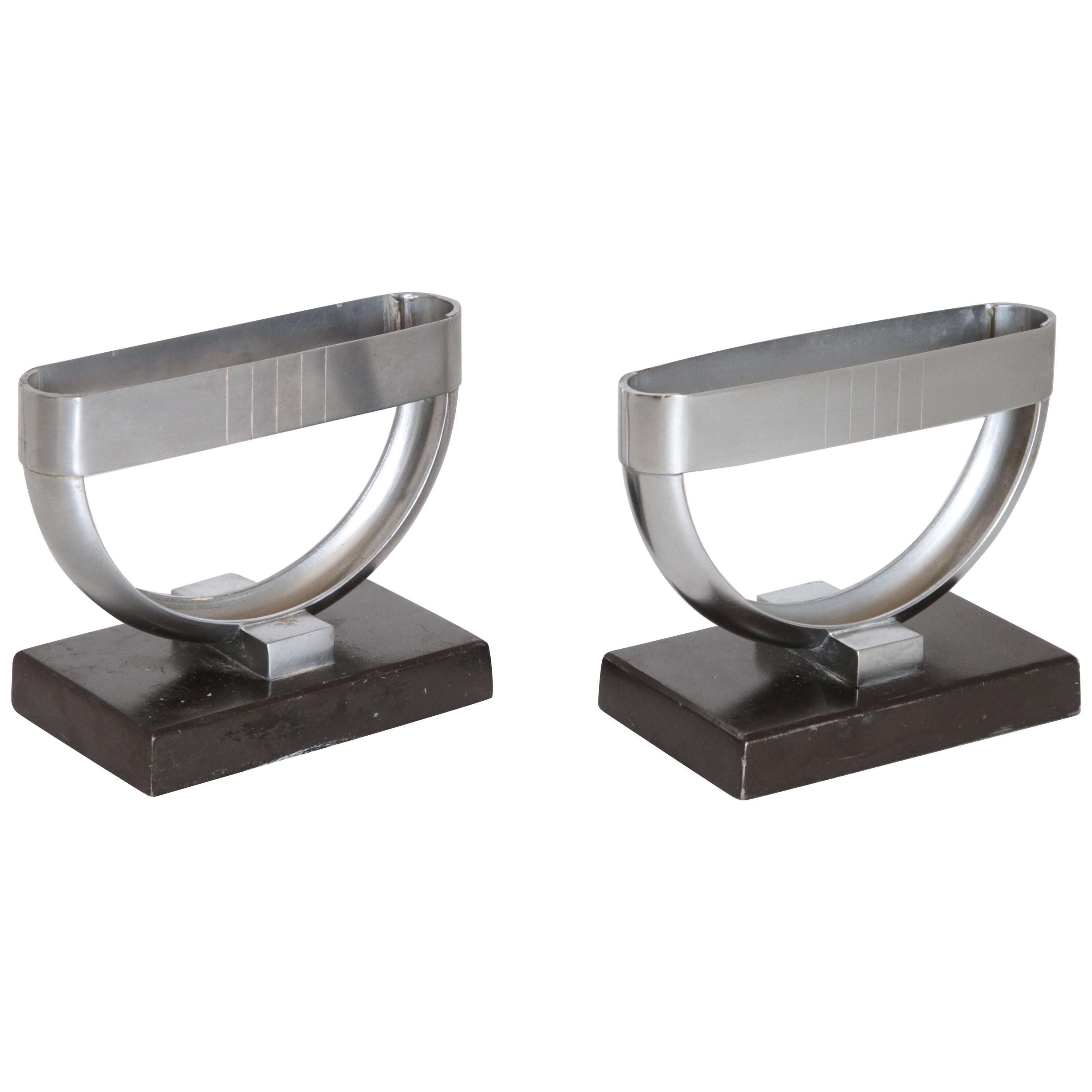 Machine Age Art Deco  Norman Bel Geddes Pair Revere Crescent Candlestick Holders For Sale