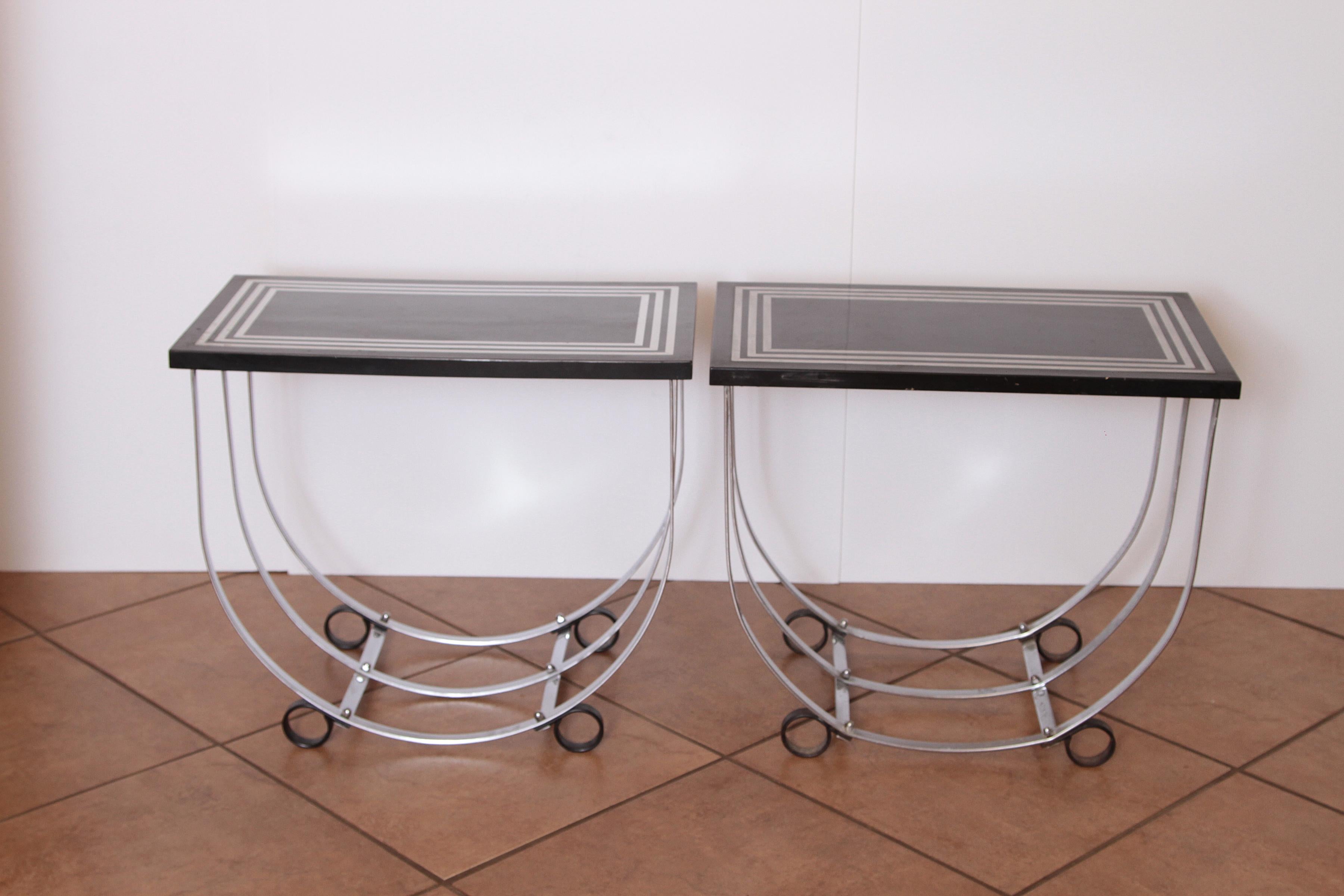 Machine Age Art Deco Pair McKay Inlaid Aluminum End Tables McKaycraft

Nice original unrestored condition pair end, side or occasional tables attributed to Salvatore Bevelacqua.
Normal wear throughout.  One table is very good condition, the other