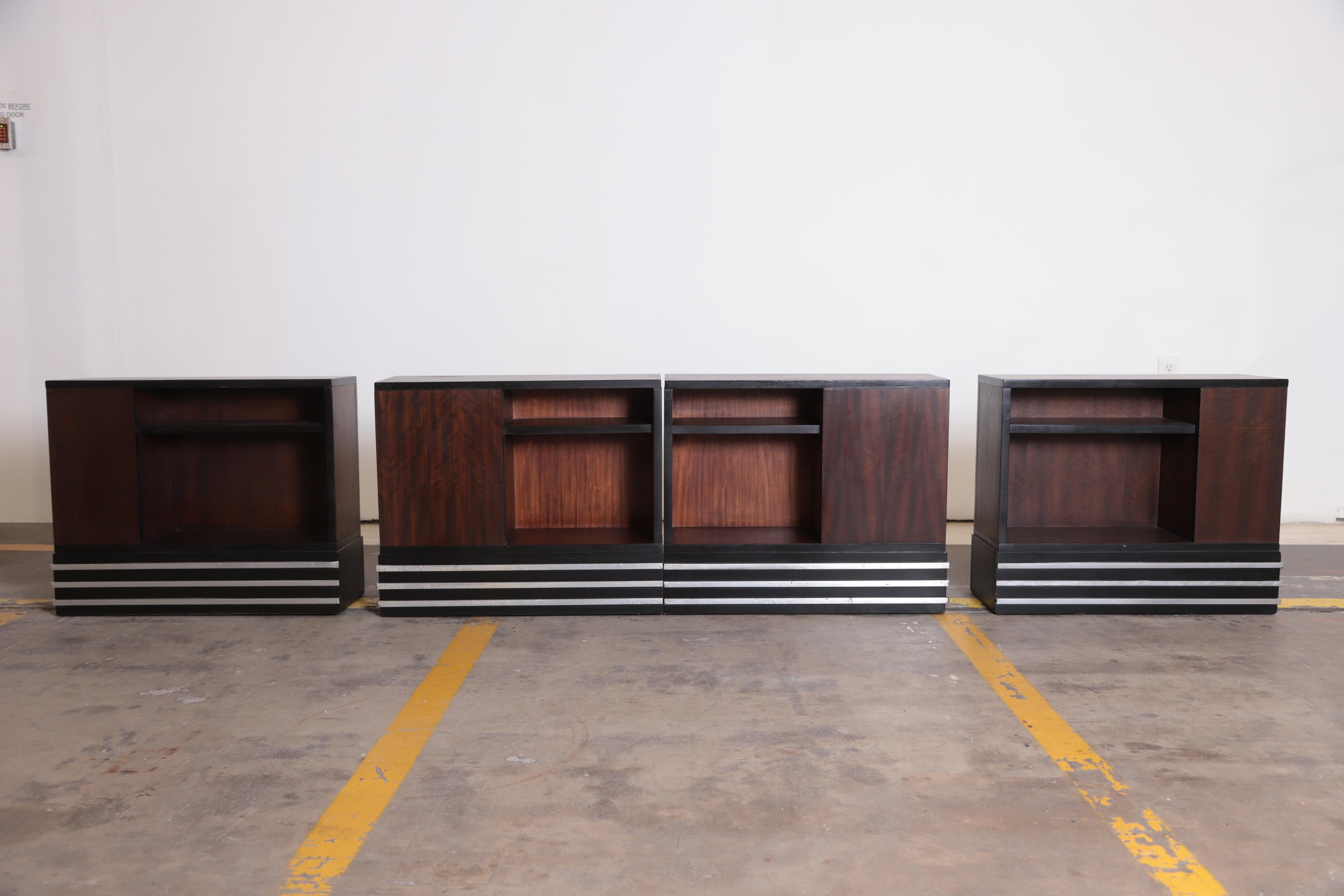 Machine Age Art Deco Paul Frankl attributed  Skyscraper modular living room suite sectional rectilinear   Price Reduced from $22,500

Iconic low-profile modernist bookmatched design.  Book matched Book ended
Two end-tables flanking armless sofa as