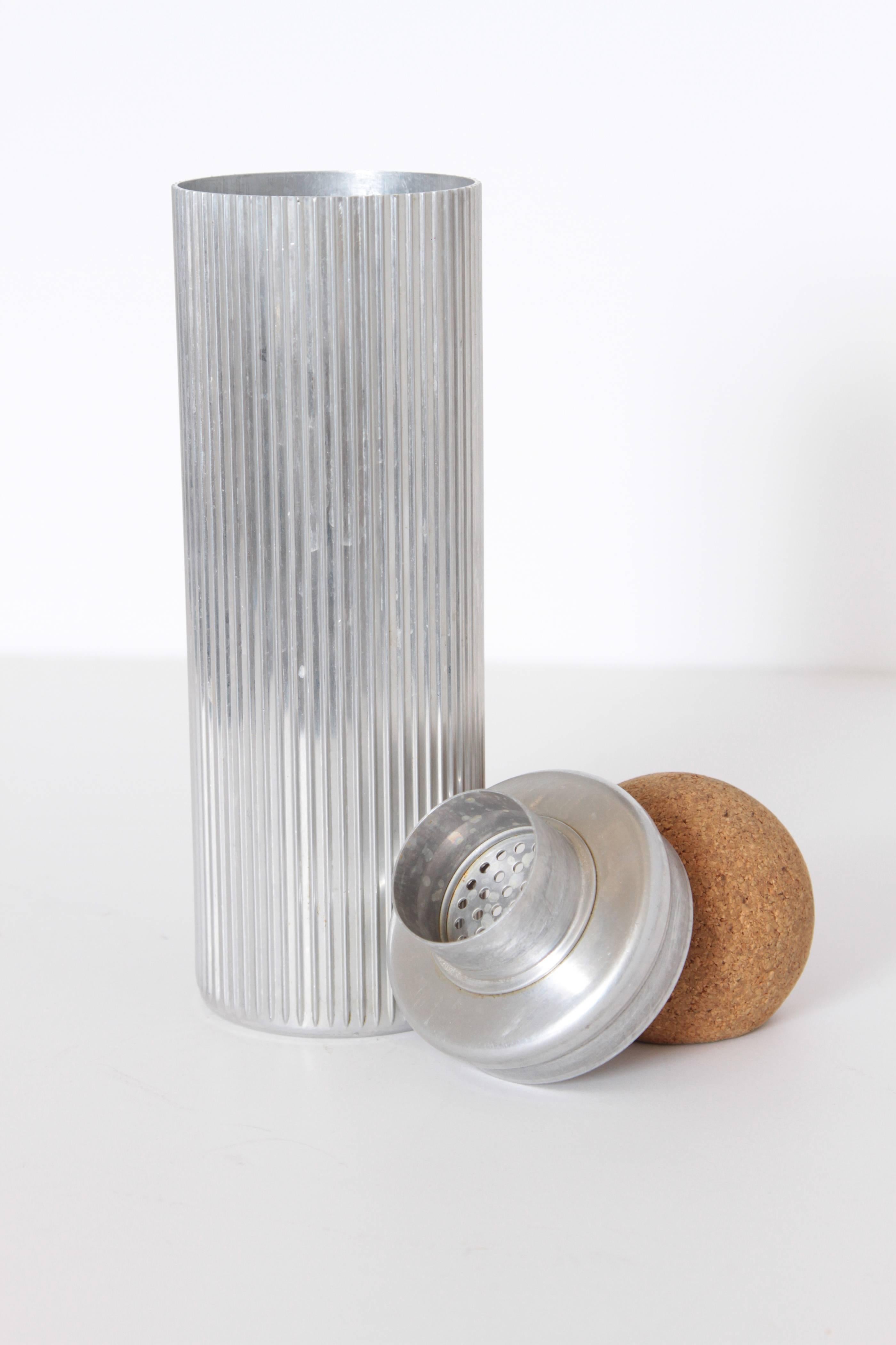20th Century Machine Age Art Deco Ribbed Cocktail Shaker Aluminum / Cork, after Russel Wright