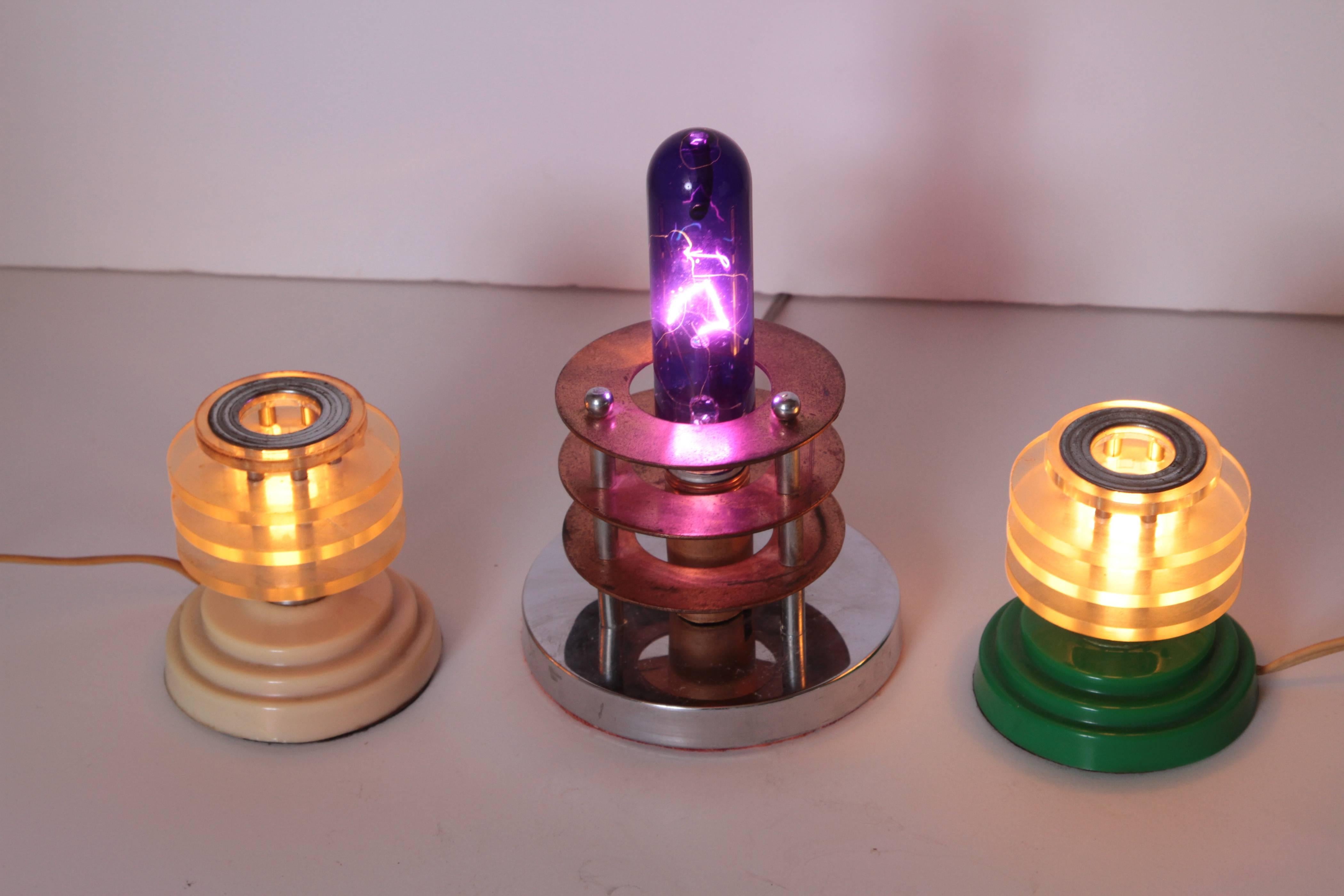 Unknown Machine Age Art Deco Skyscraper Saturn Ringed Lamps / Night Lights, Set of Three For Sale