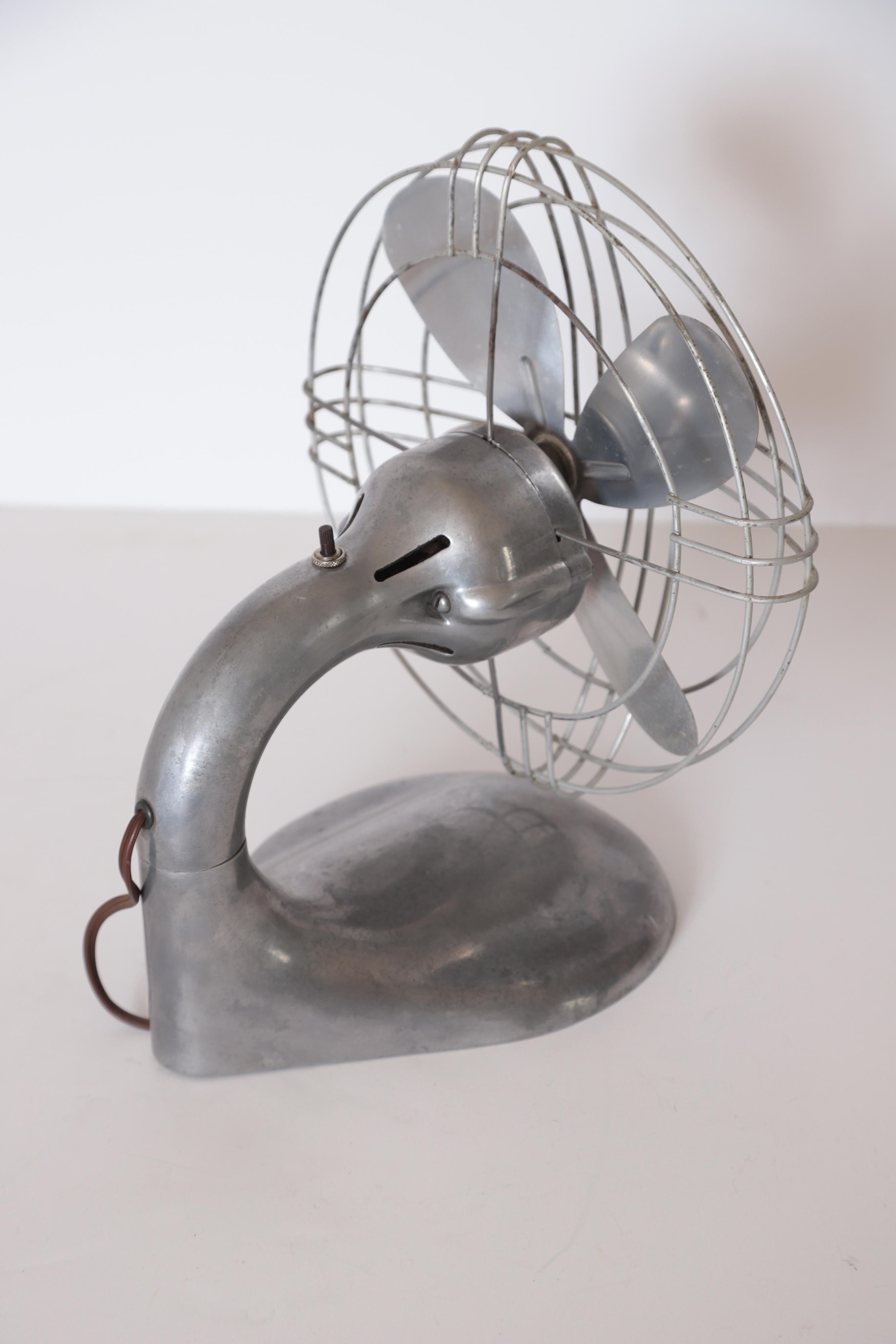 Mid-20th Century Machine Age Art Deco Streamline Aluminum Zephyr Airkooler Goose-Neck Fan For Sale