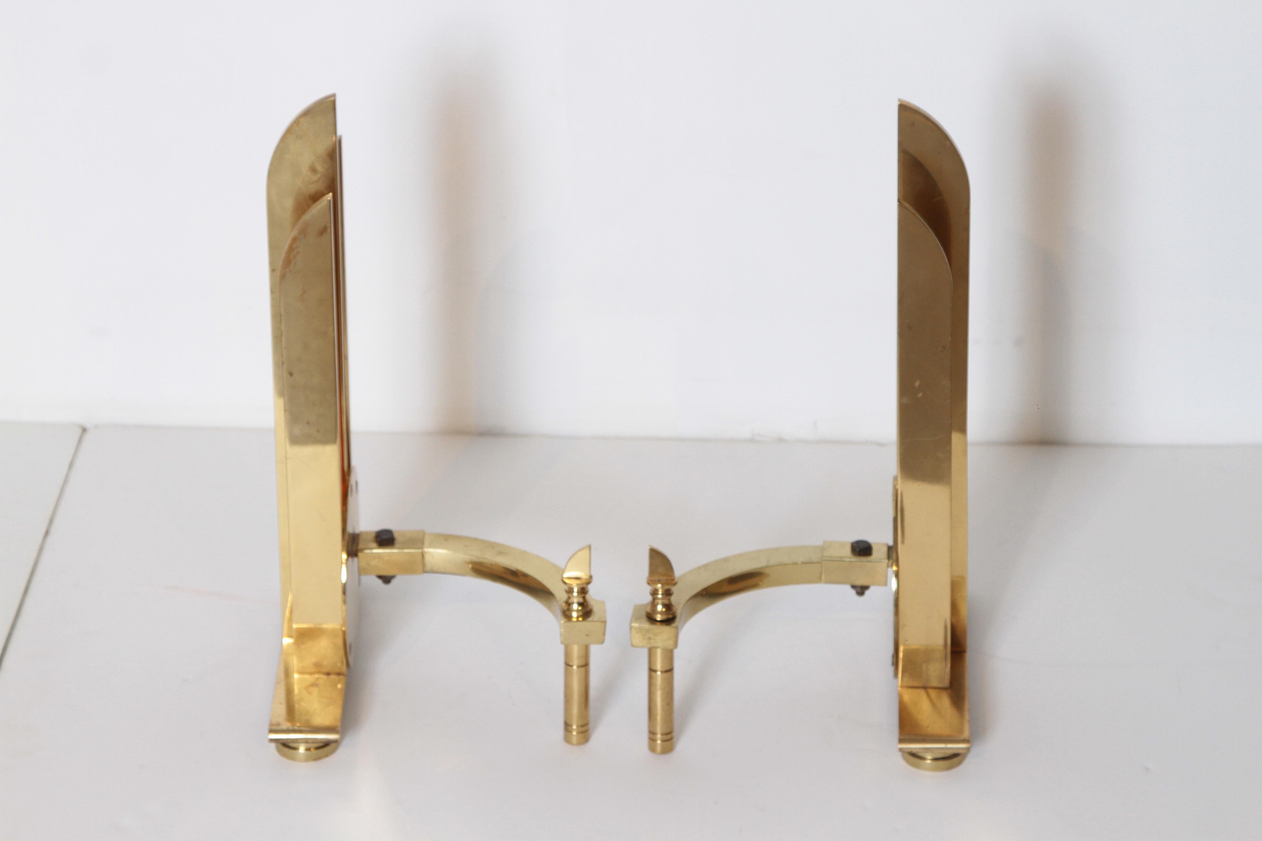 Brass Machine Age Art Deco Streamline Andirons, in the Manner of Walter Von Nessen