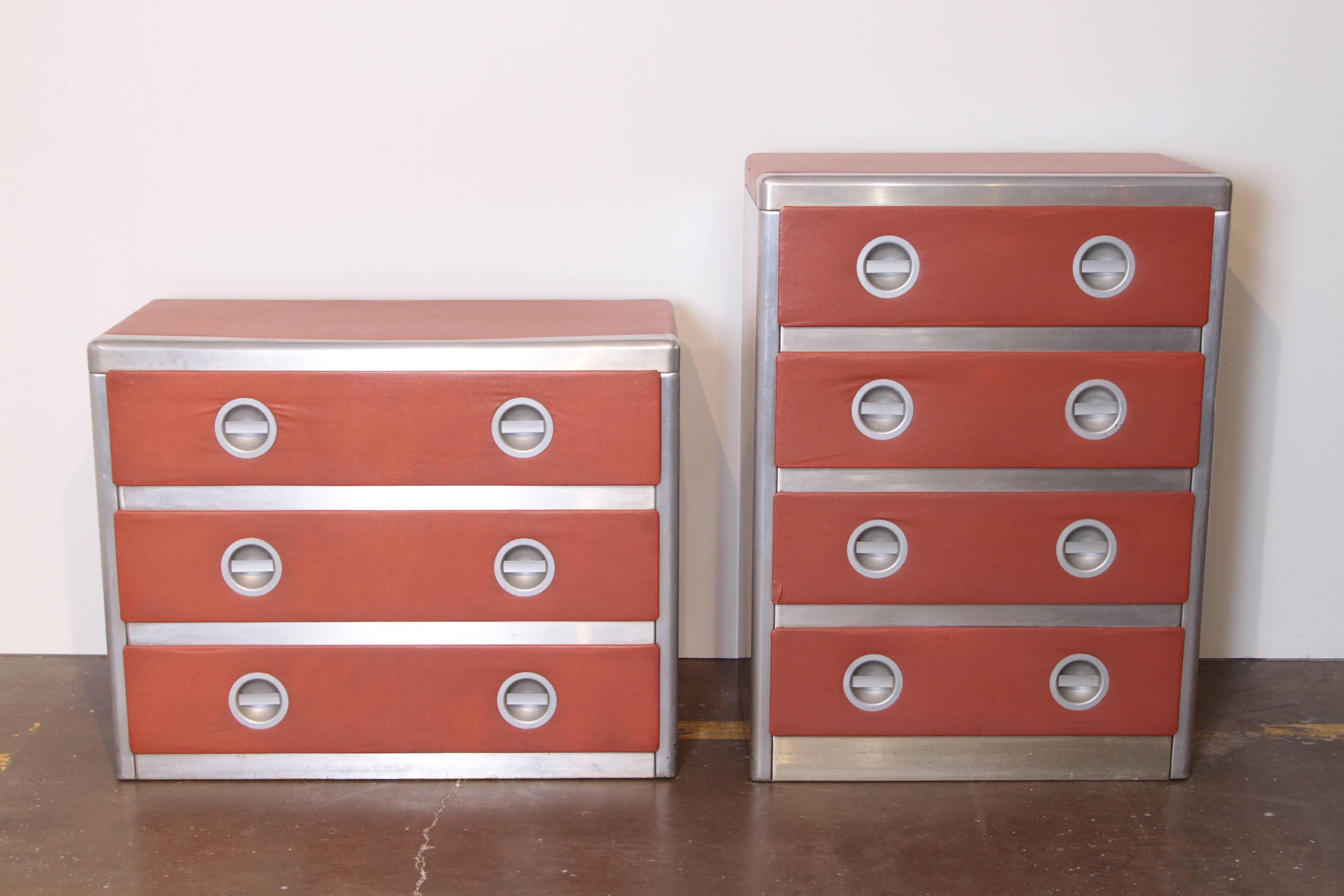 Machine Age Art Deco streamline matched pair of aluminum chests / dressers, Norman Bel Geddes attribution.  Streamlined.
PRICE REDUCED from $4900.  Second lowboy in black vinyl available.

Classic original U.S. Industrial design.
Light-weight