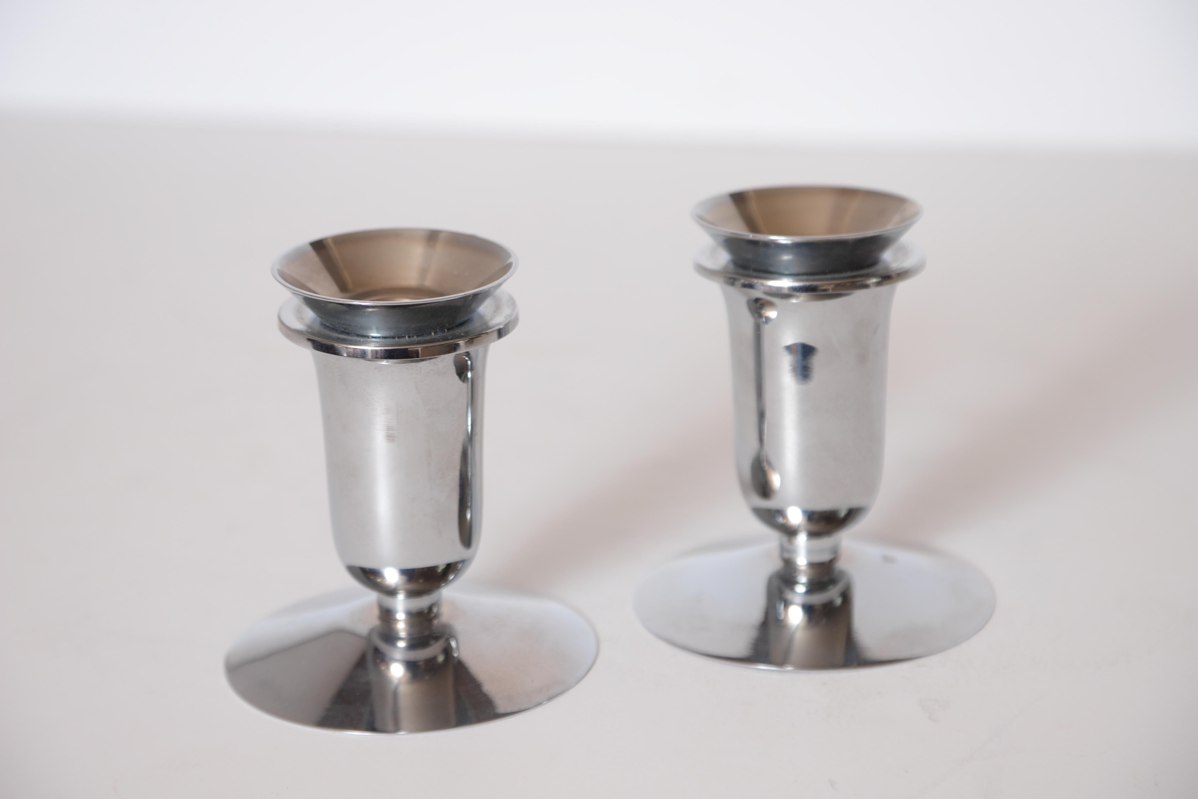 Plated Machine Age Art Deco Walter Von Nessen for Chase Tulip Candlestick Holders For Sale