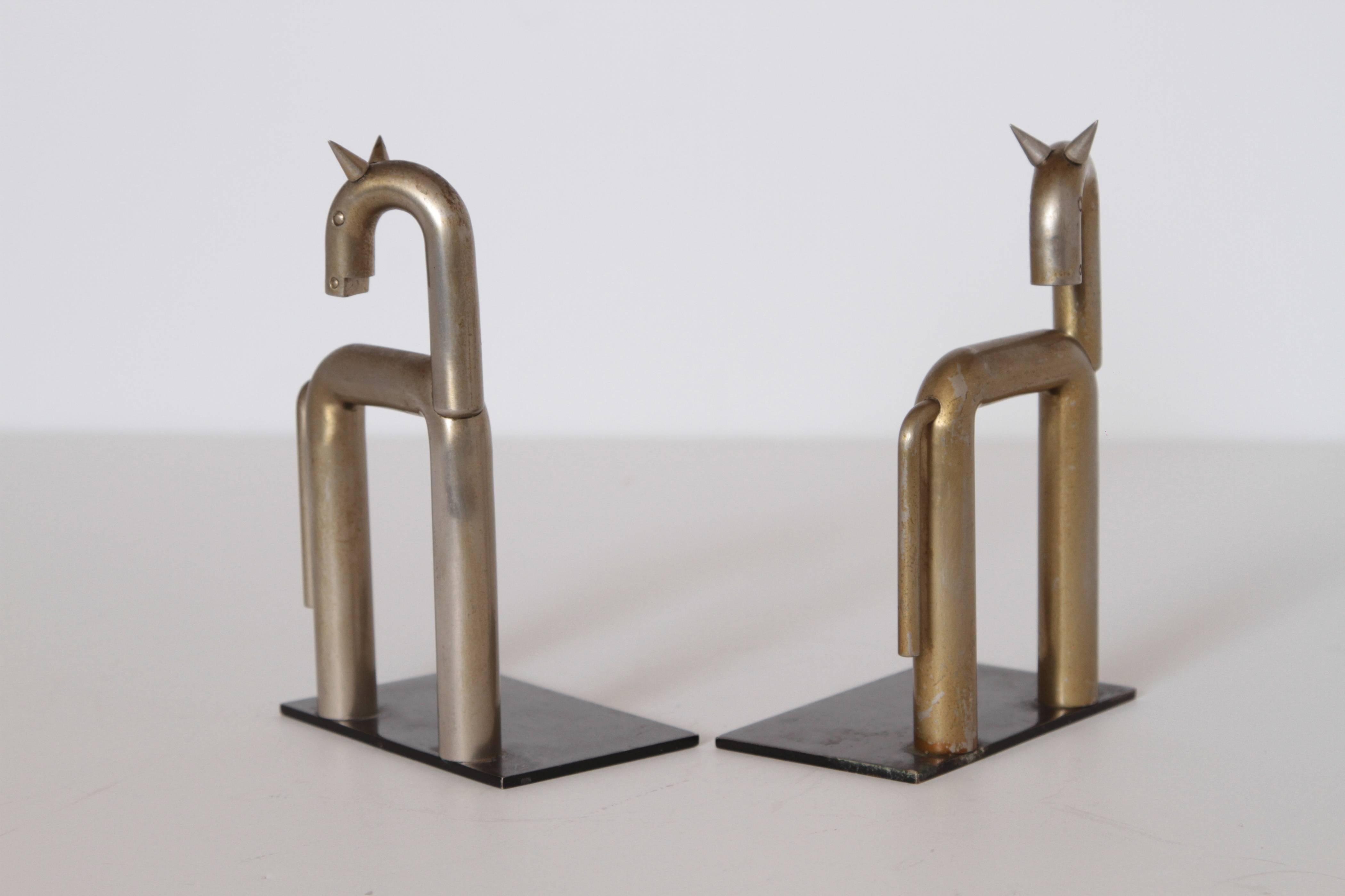 Plated Machine Age Art Deco Walter von Nessen Horse Bookends for Chase, Nickel Plate