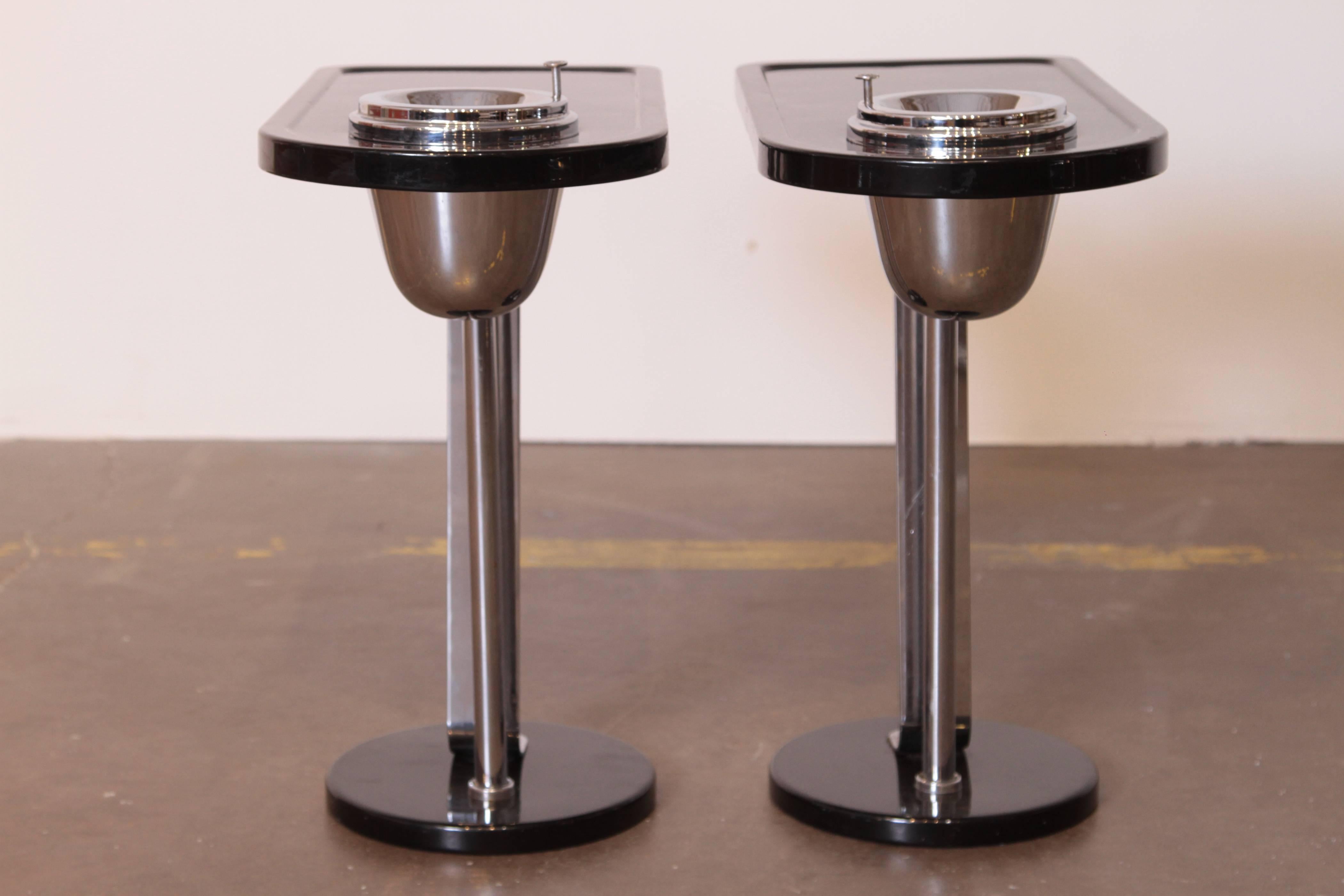 Enameled Machine Age Art Deco Wolfgang Hoffmann Smoker Tables for Howell, Signed Pair For Sale