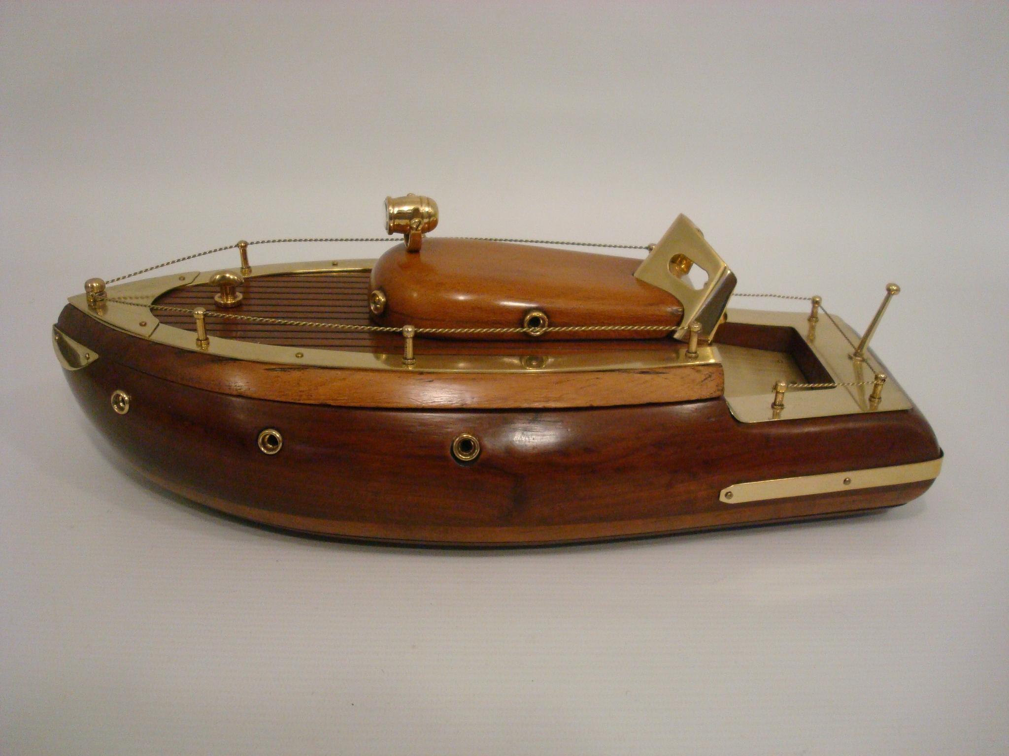 Mid-Century Modern Machine Age / Art Deco Wood & Brass Speedboat Model Secret Box, circa 1930s For Sale