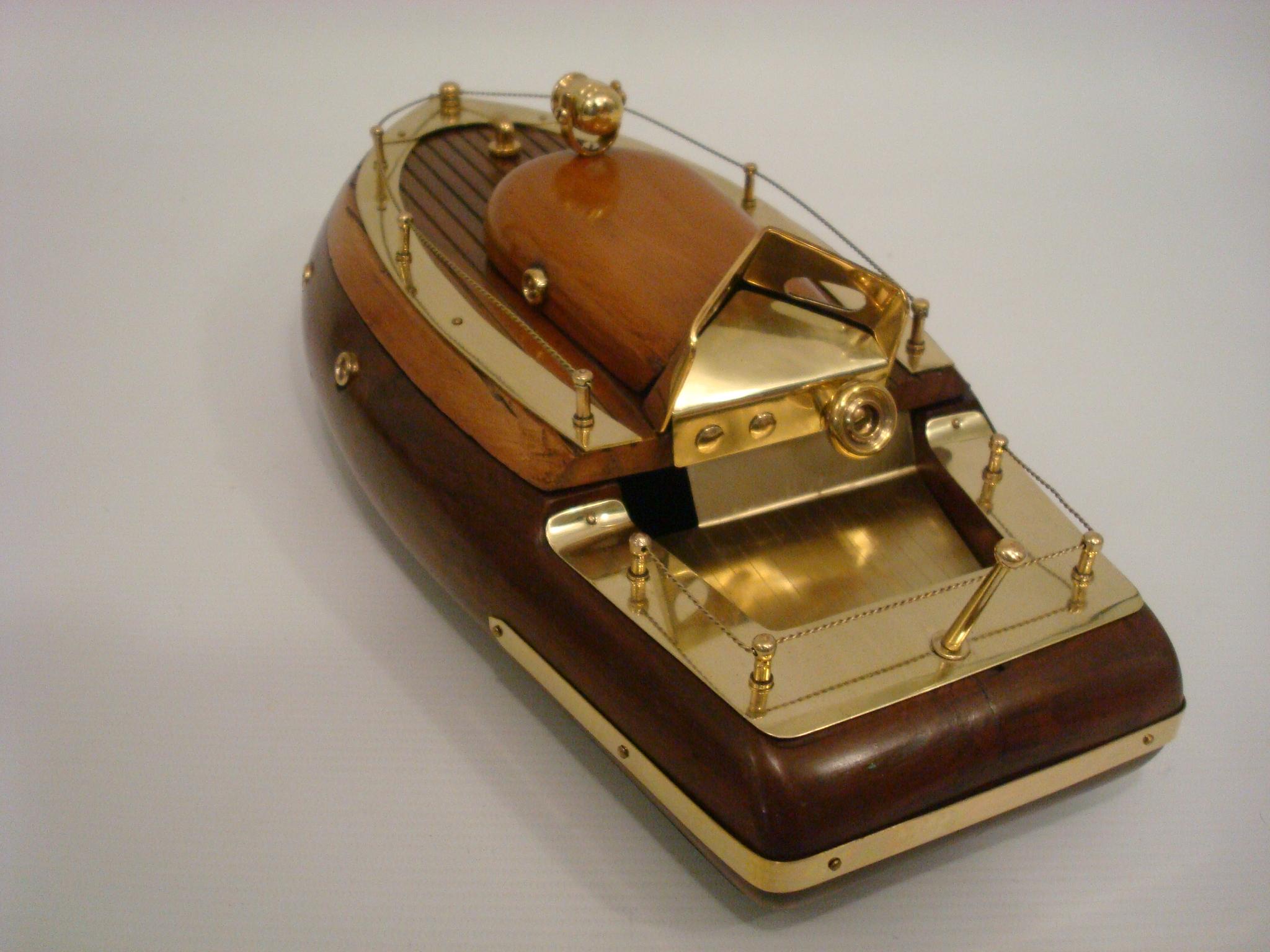 Polished Machine Age / Art Deco Wood & Brass Speedboat Model Secret Box, circa 1930s For Sale