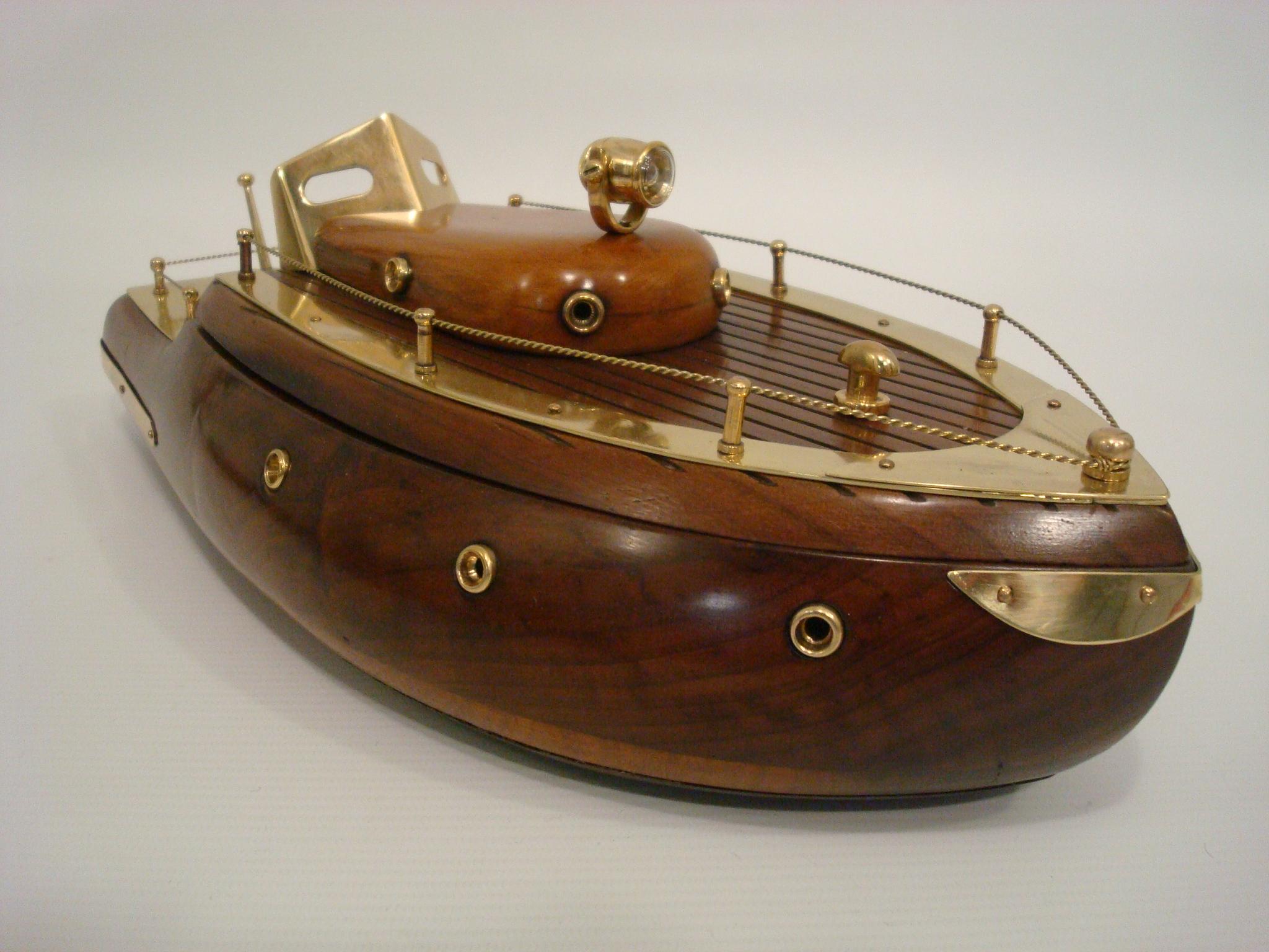 20th Century Machine Age / Art Deco Wood & Brass Speedboat Model Secret Box, circa 1930s For Sale