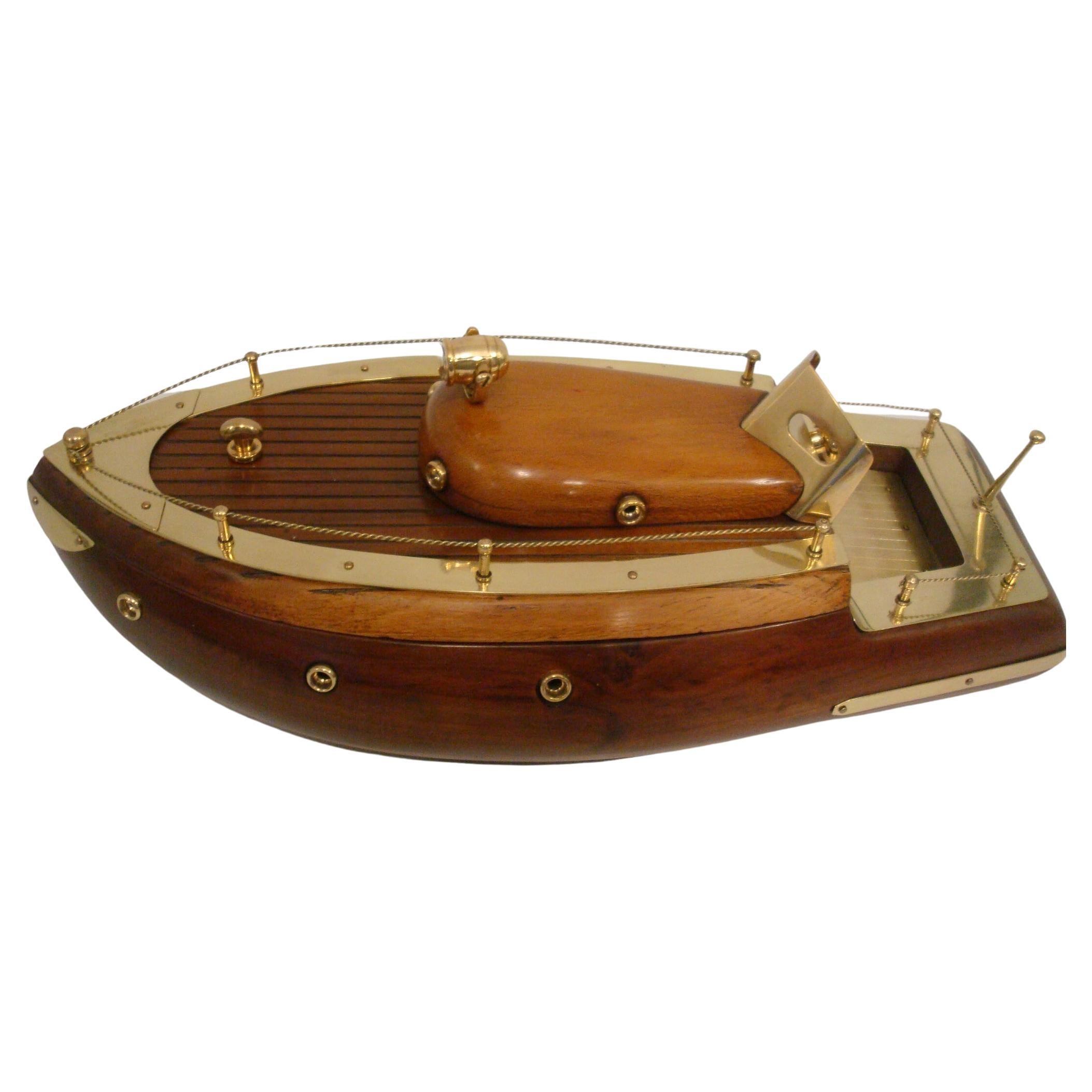 Machine Age / Art Deco Wood & Brass Speedboat Model Secret Box, circa 1930s For Sale