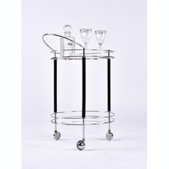 Machine Age Chrome Black and Glass Round Vintage Bar Cart on Wheels