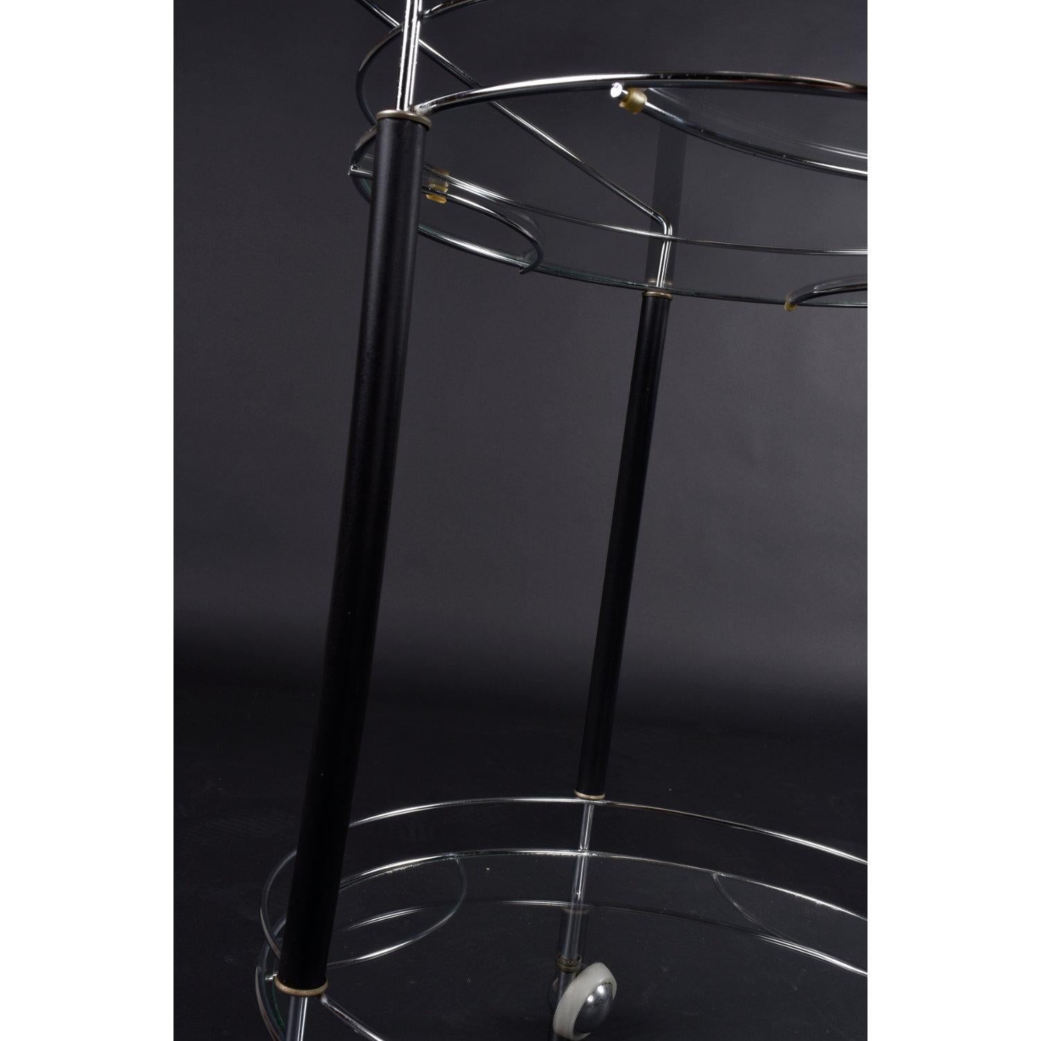 Machine Age Chrome Black and Glass Round Vintage Bar Cart on Wheels In Good Condition In Chattanooga, TN