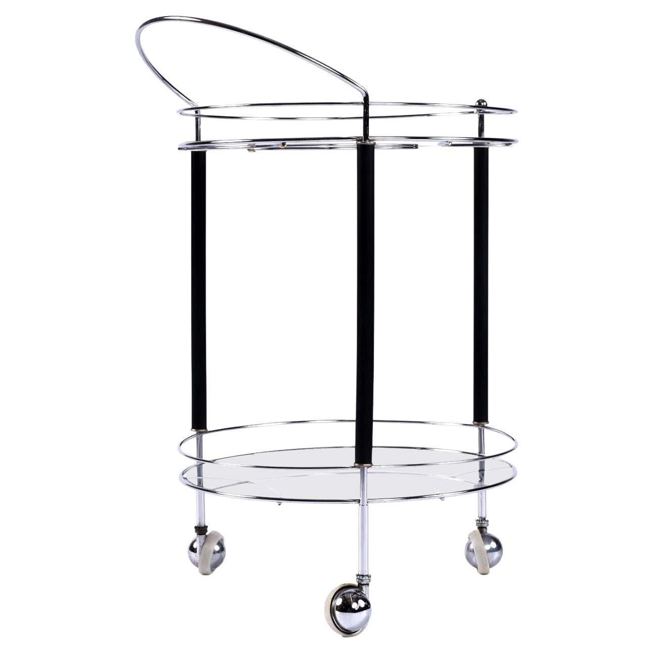 Machine Age Chrome Black and Glass Round Vintage Bar Cart on Wheels