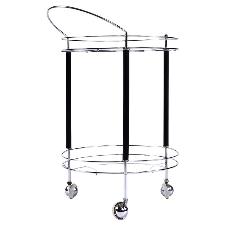 Machine Age Chrome Black and Glass Round Vintage Bar Cart on Wheels For  Sale at 1stDibs