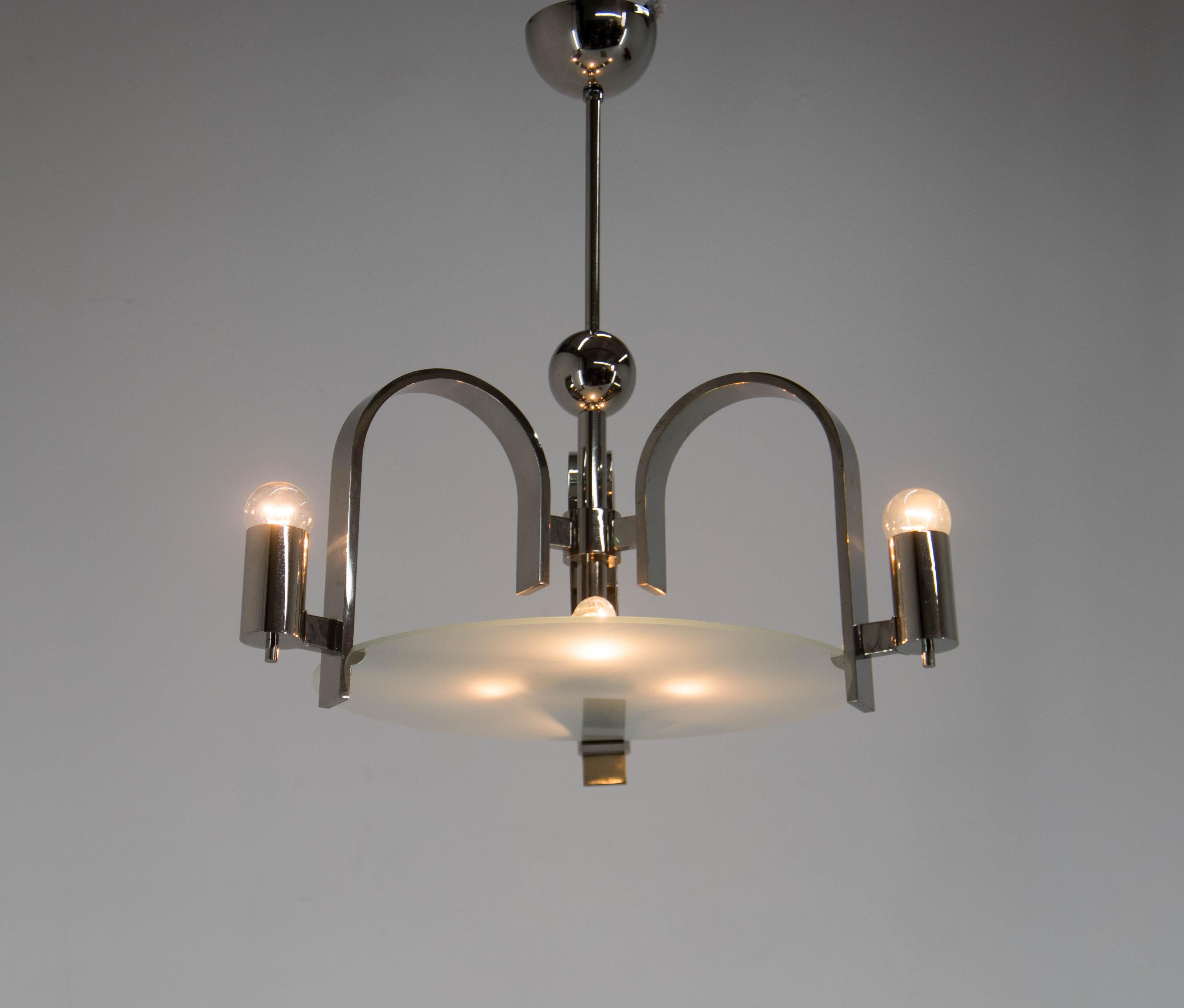 Czech Machine Age / Functionalism Chandelier, 1930s, Restored For Sale