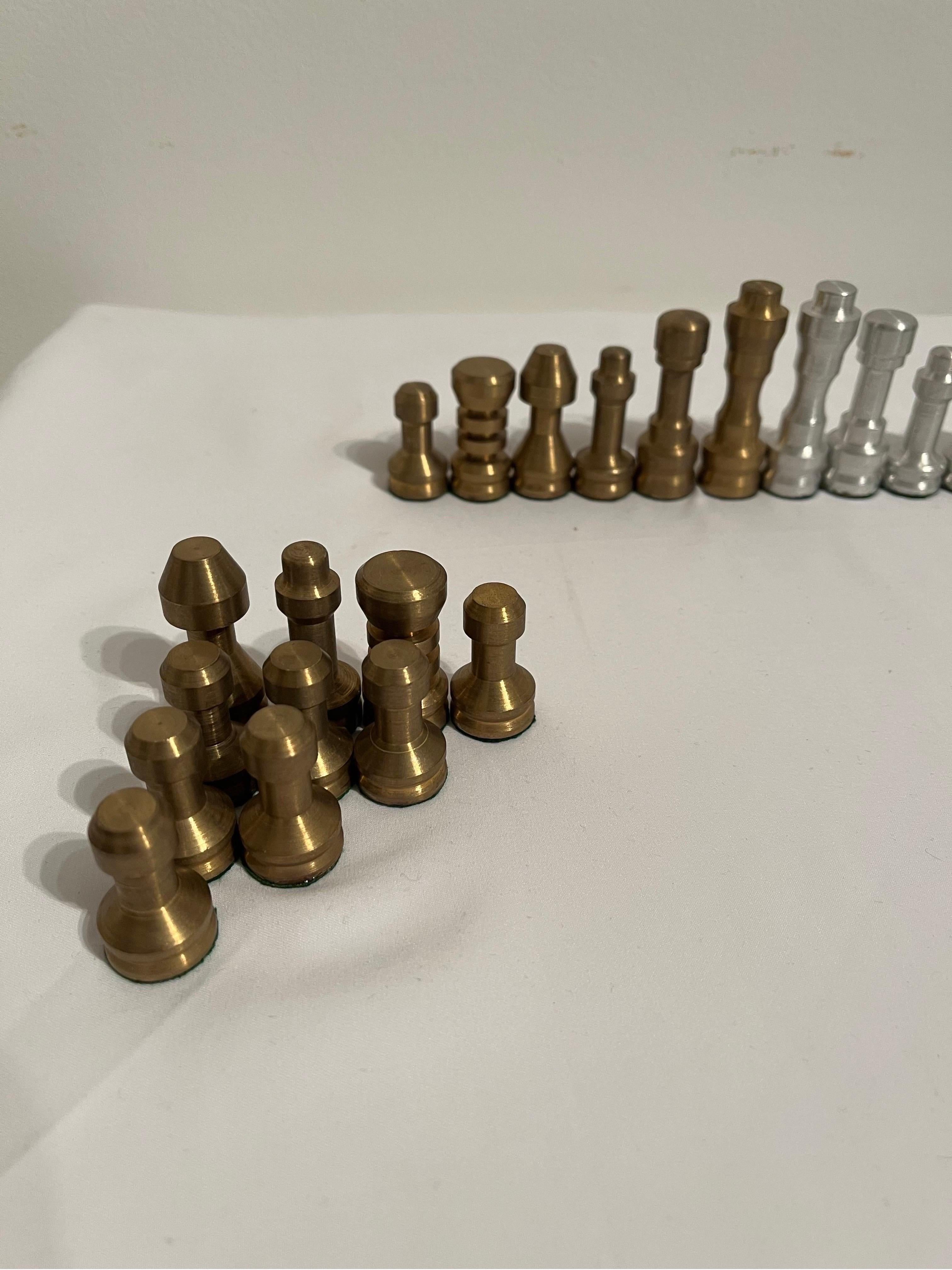 Machine Age Hand Lathed Aluminium And Brass Chess Pieces Set c1940s In Good Condition For Sale In Gravesend, GB