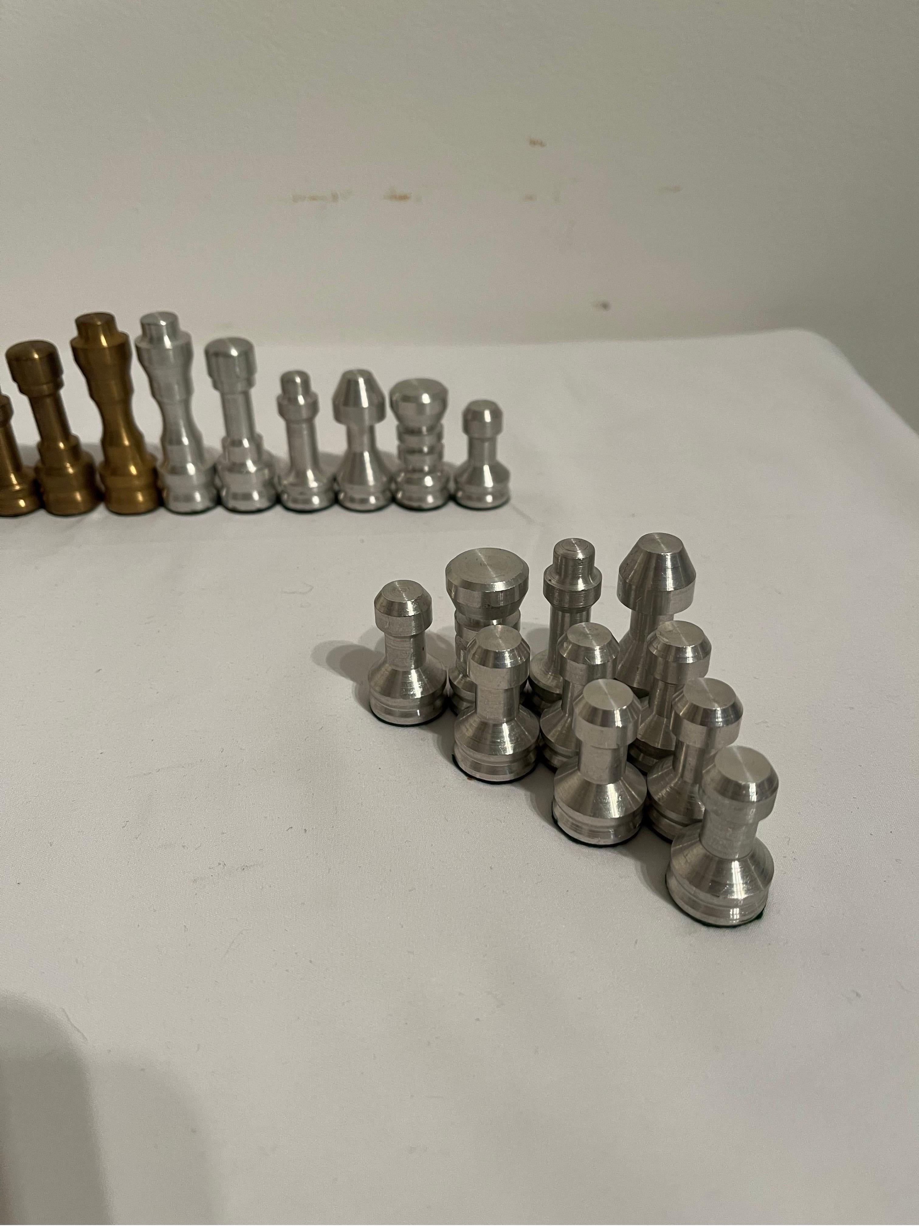 Mid-20th Century Machine Age Hand Lathed Aluminium And Brass Chess Pieces Set c1940s For Sale
