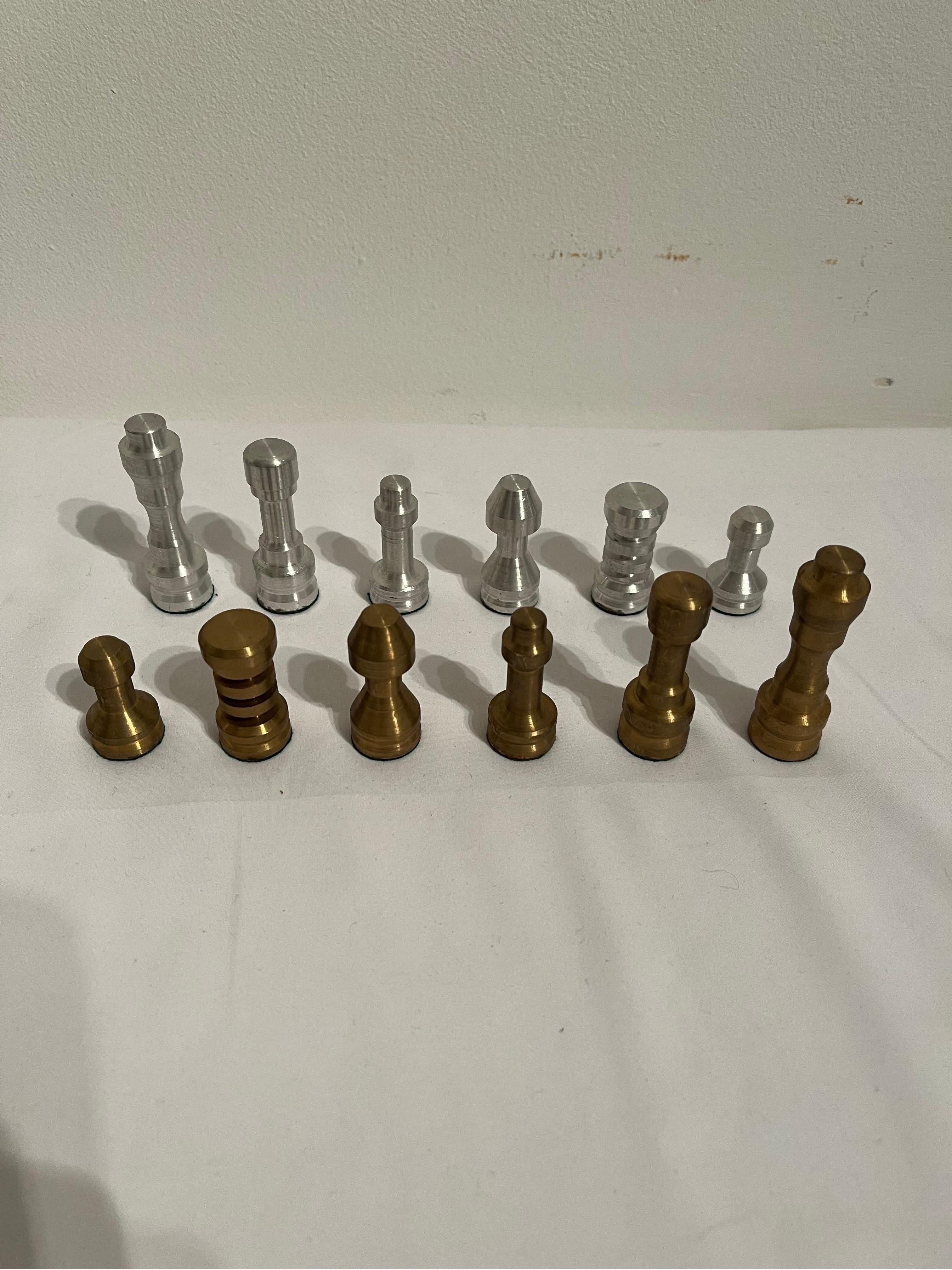 Aluminum Machine Age Hand Lathed Aluminium And Brass Chess Pieces Set c1940s For Sale